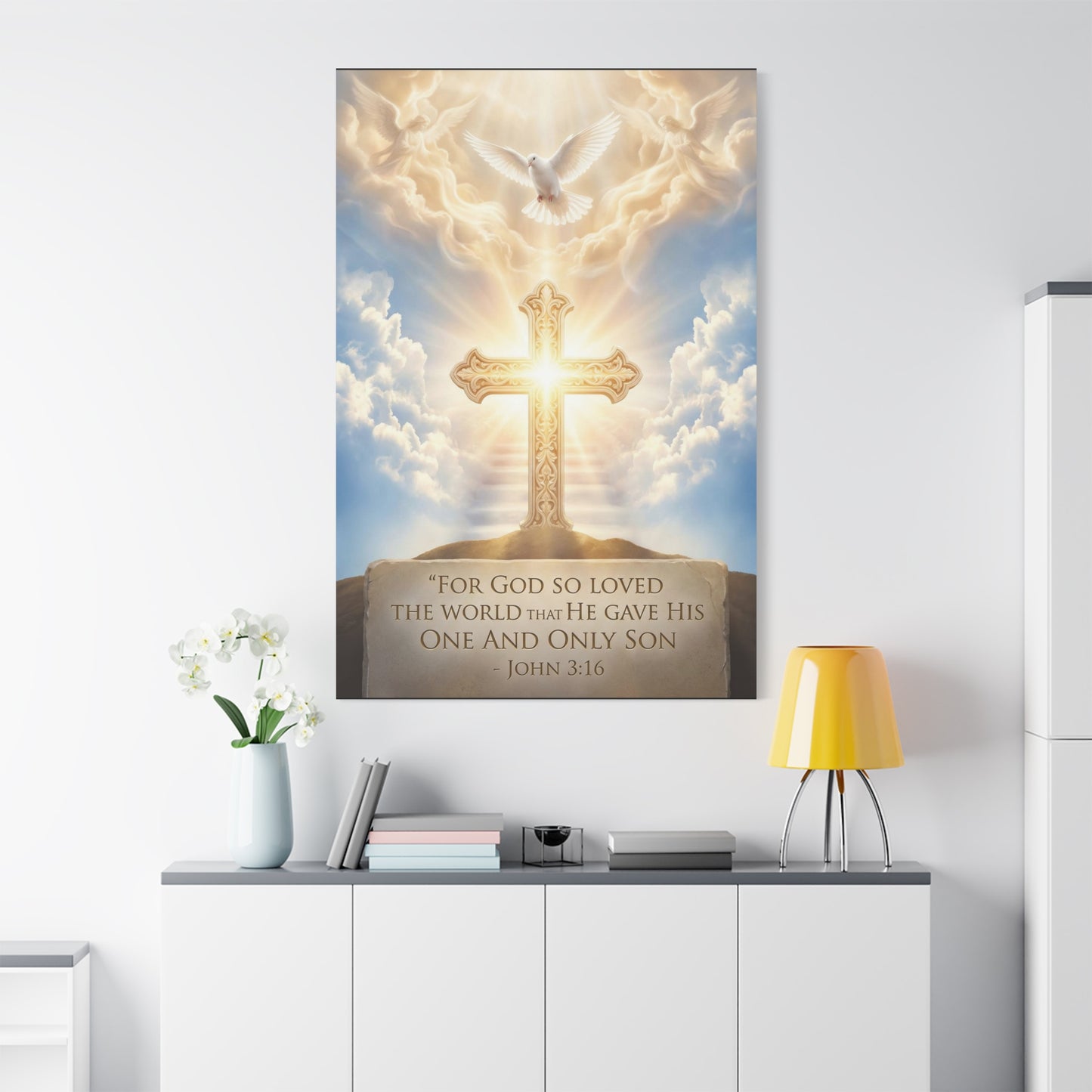 "For God So Loved The World That He Gave His One And Only Son" Christian Canvas Wall Art - Glowing Cross, Dove And Angels - Traditional Religious Wall Decor - Bedroom Living Room - Ready to Hang