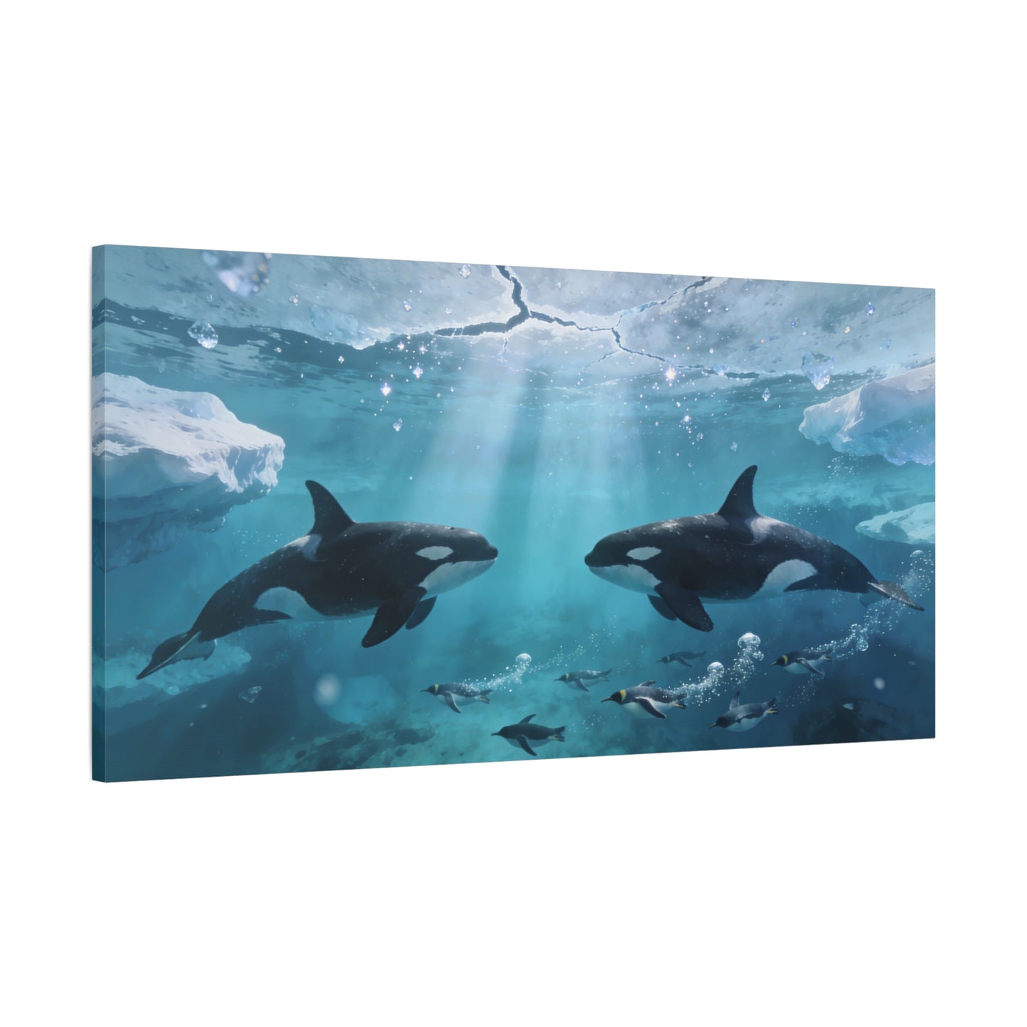 Orca Whale Canvas Wall Art - Arctic Ocean Underwater Scene, Penguins, Sea Ice - Coastal Wildlife Decor - Matte Canvas Print - Living Room Wall Decor, Bedroom Home Decoration - Bedroom Home Decoration