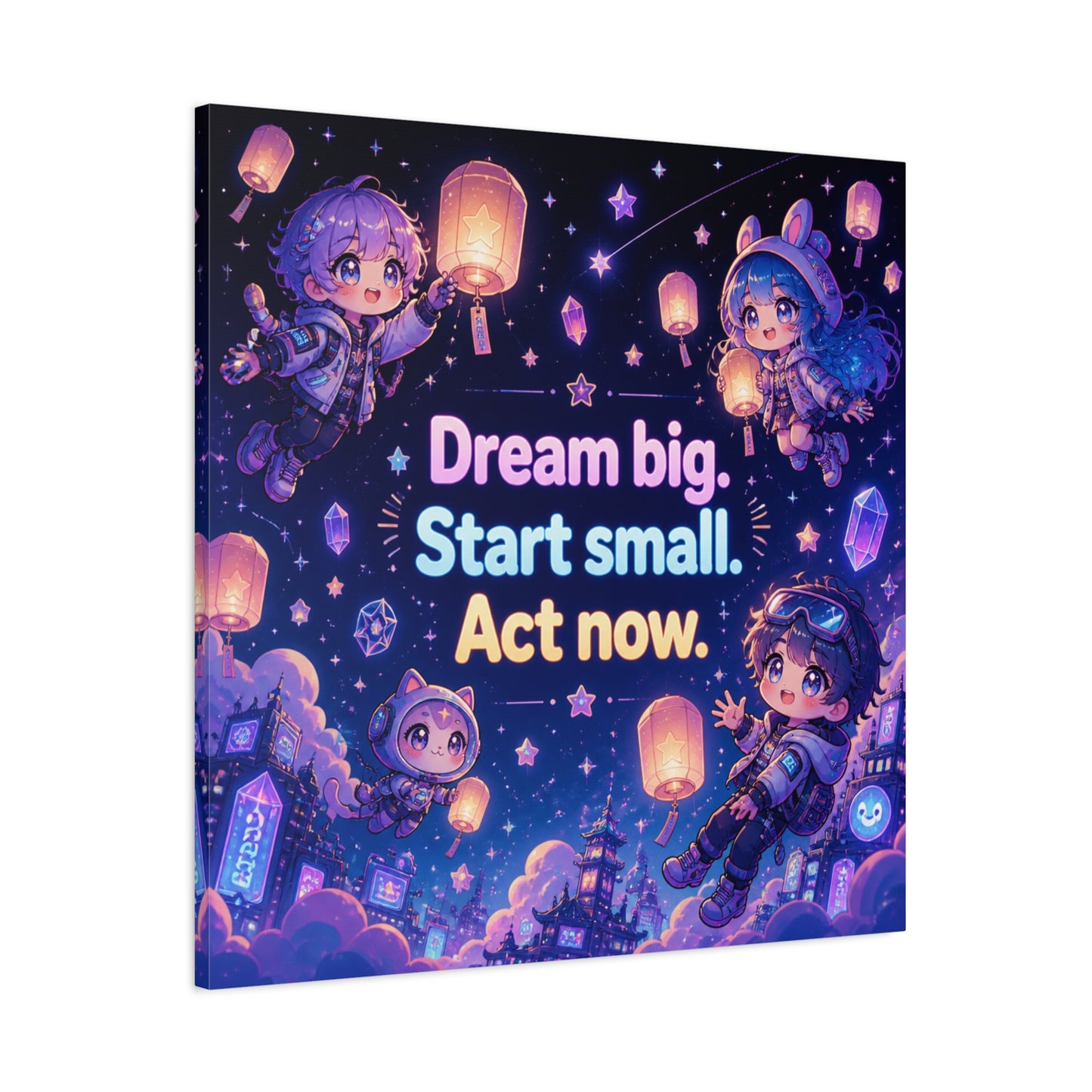 "Dream Big. Start Small. Act Now." Inspirational Canvas Wall Art - Kawaii Space Kids, Star Lantern Night Sky Quote Print - Neon Purple Blue Decor, Bedroom Home Decoration, Teen Room Accent