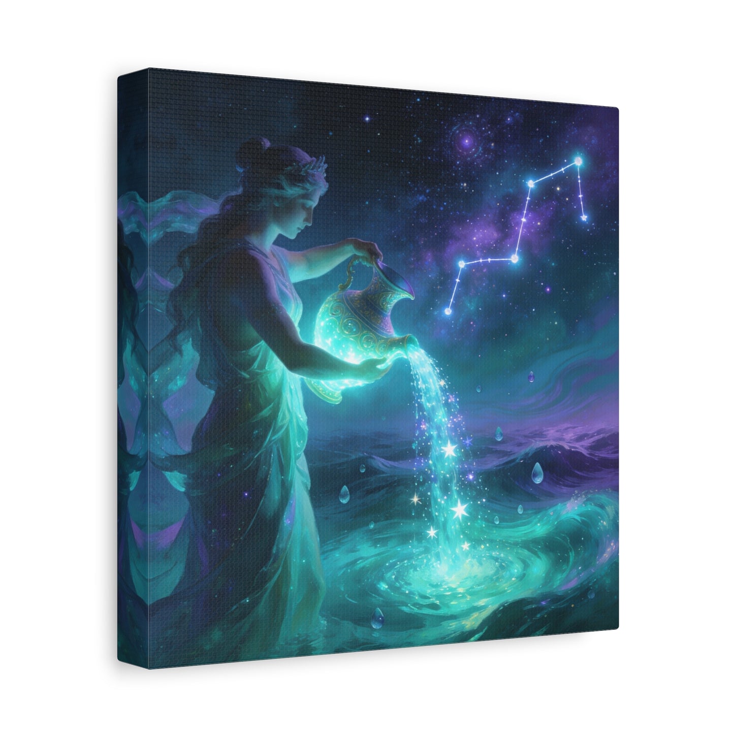 Aquarius Goddess Canvas Wall Art - Zodiac Water Bearer Celestial Galaxy Illustration - Mystical Purple Blue Fantasy Decor - Bedroom Home Decoration, Living Room Wall Decor - Bedroom Home Decoration