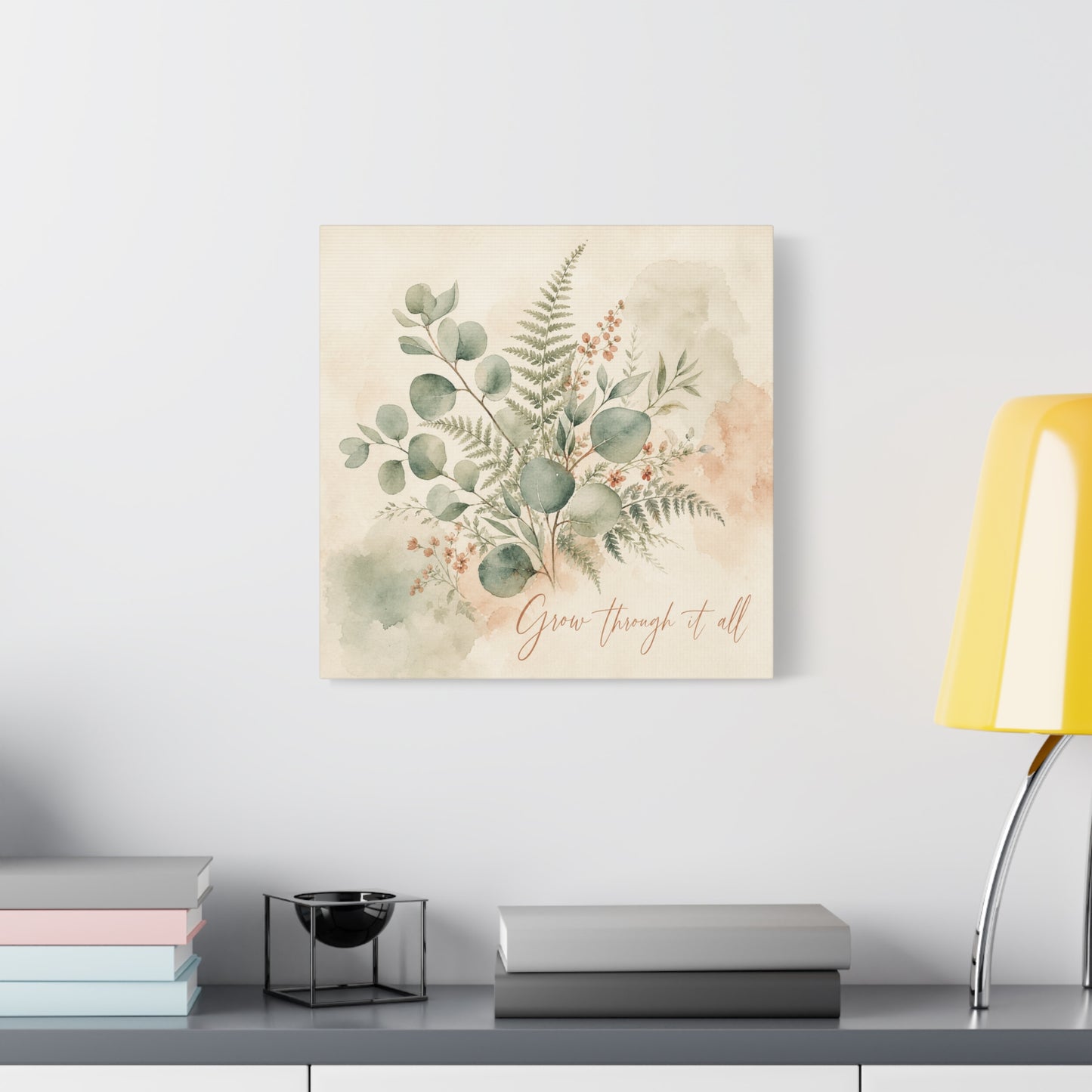 "Grow Through It All" Botanical Canvas Wall Art - Eucalyptus Fern Watercolor Quote Print, Sage Green Floral Home Decor - Modern Farmhouse Style, Bedroom Wall Hanging - Ready to Hang - Ready to Hang