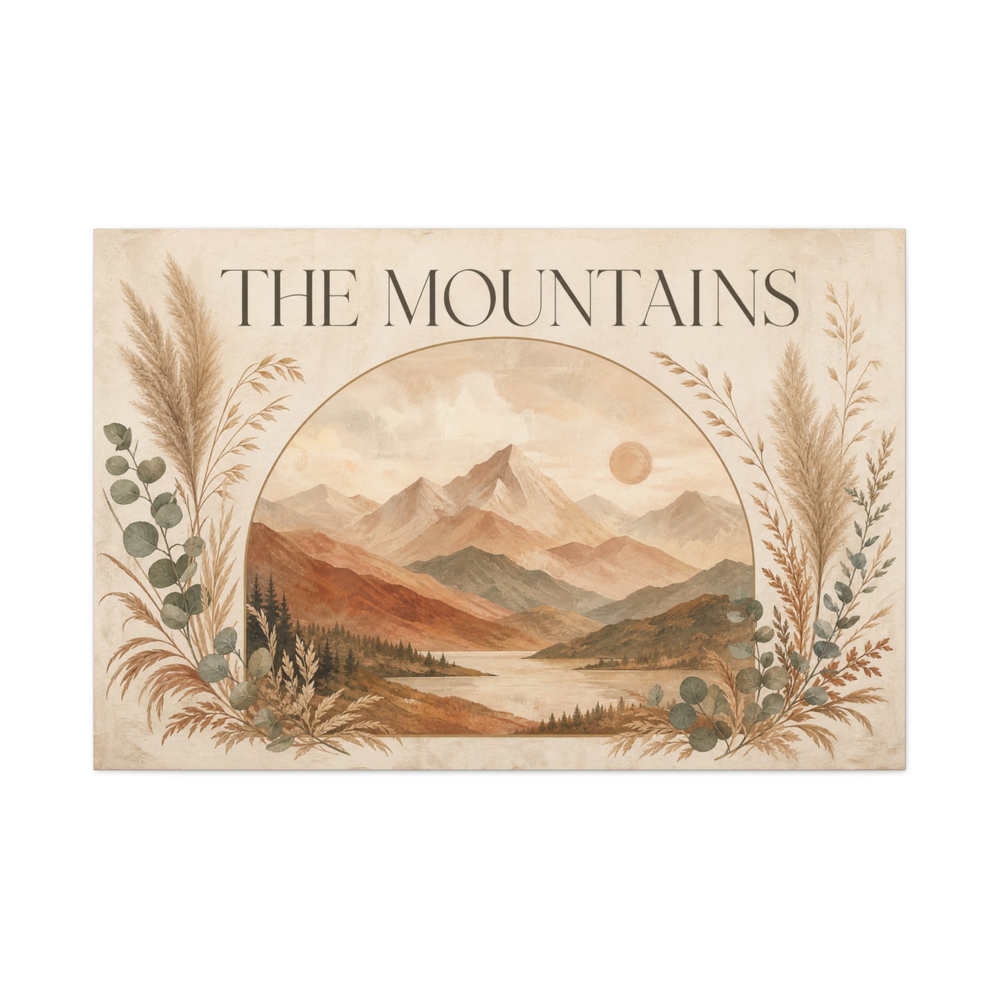 "The Mountains" Mountain Landscape Canvas Wall Art - Neutral Boho Nature Print, Desert Sun Lake Scene, Contemporary Rustic Style - Living Room Wall Decor, Bedroom Home Decoration - Ready to Hang