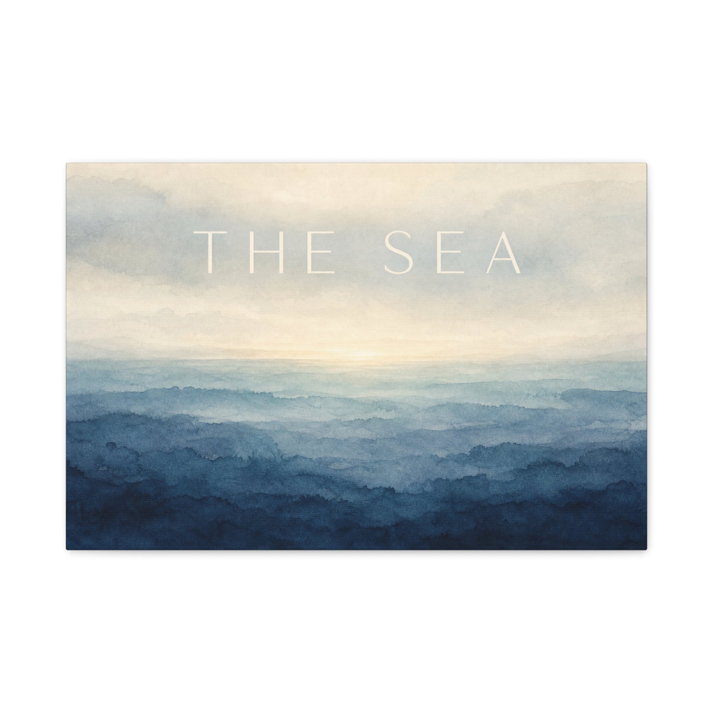 "The Sea" Coastal Canvas Wall Art - Blue Ocean Horizon Watercolor Typography Print - Serene Minimalist Seascape Decor - Bedroom Wall Hanging, Living Room Home Decoration, Meditation Space