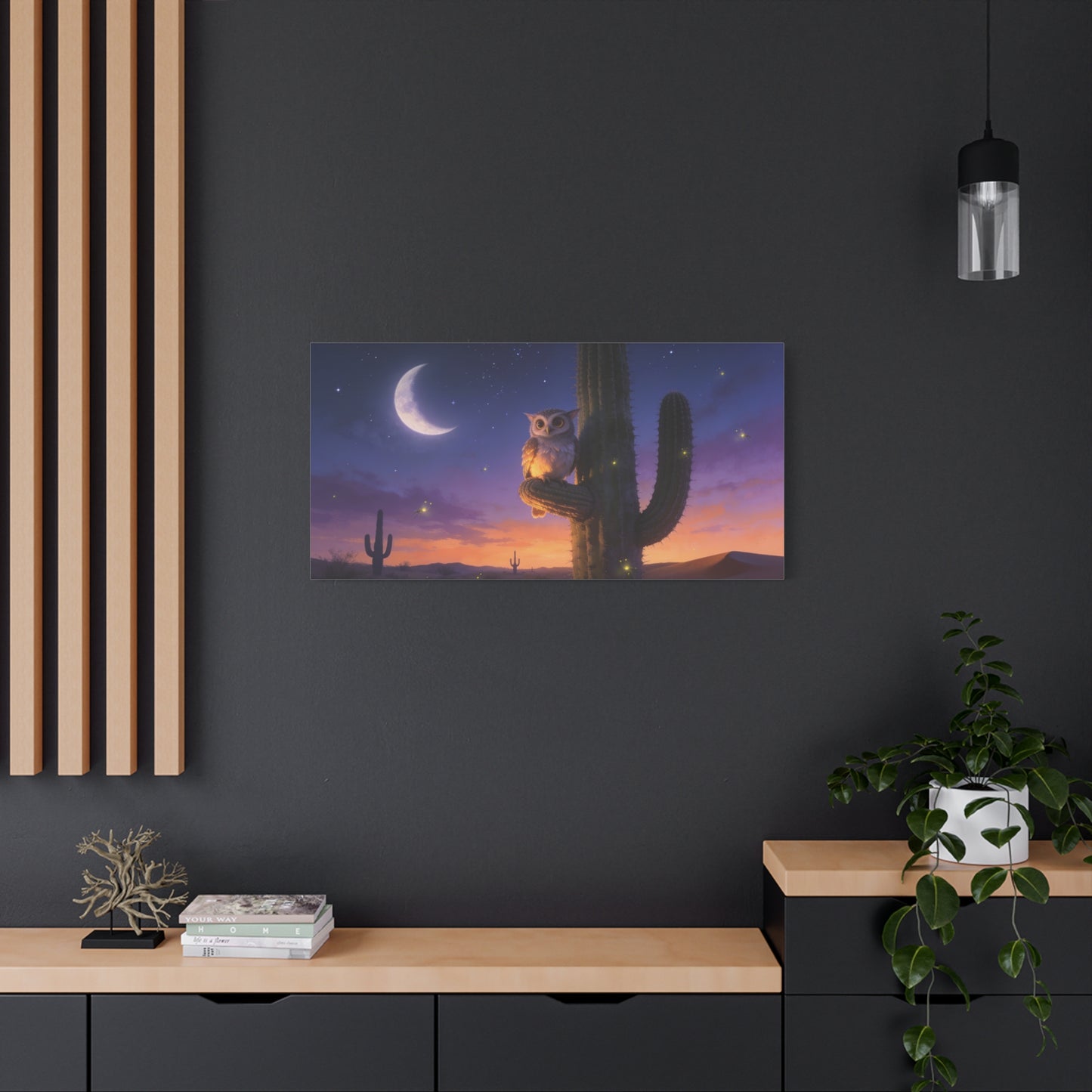 Owl On Saguaro Cactus Canvas Wall Art - Moonlit Desert Night Sky, Fireflies, Twilight Landscape - Matte Cotton Print - Contemporary Wildlife Style - Bedroom Living Room Decor - Living Room Wall Decor