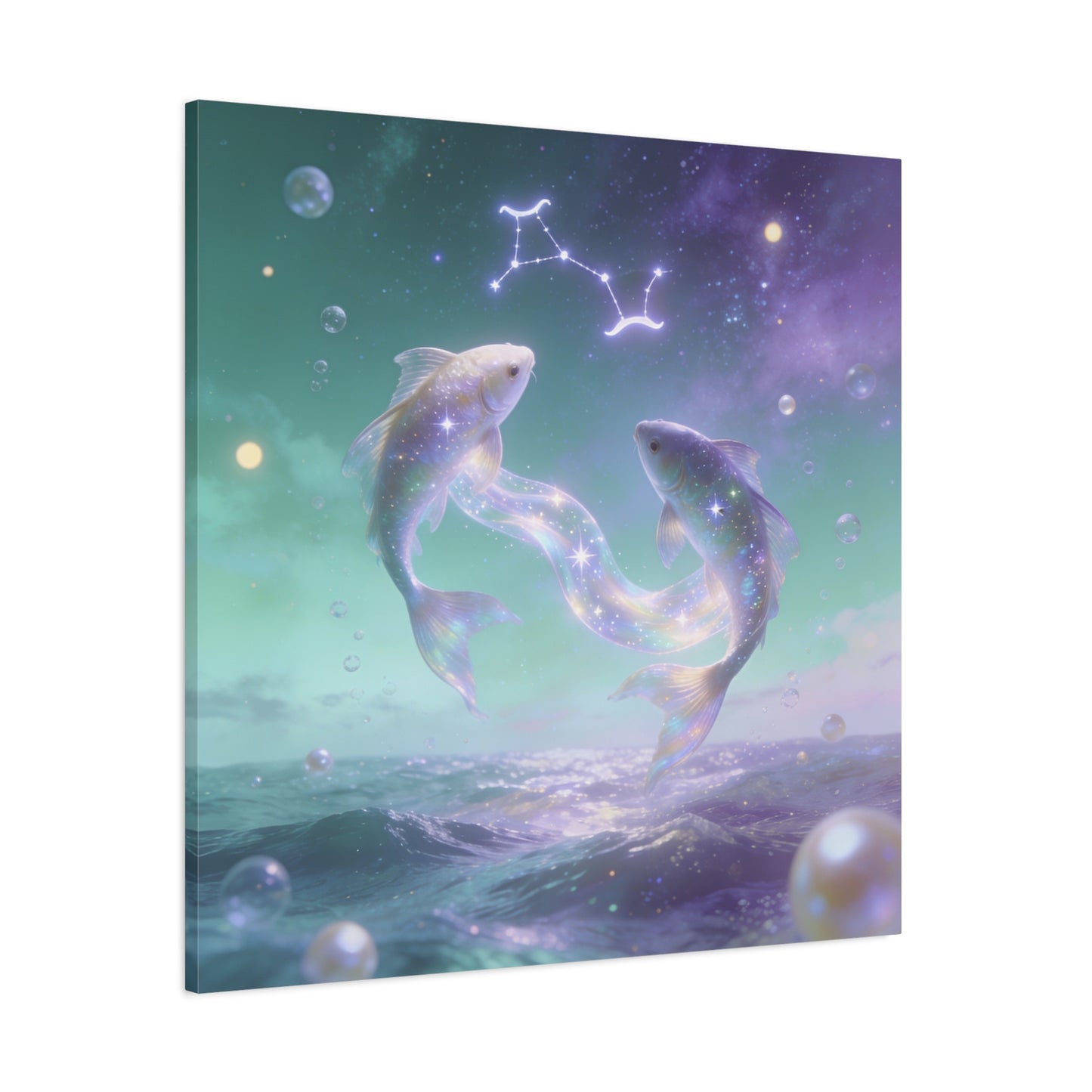 Pisces Fish Canvas Wall Art - Celestial Ocean Zodiac Illustration, Dreamy Aurora Nightscape, Matte Cotton Print, Mystical Bedroom Accent, Meditation Space Piece, Office Interior Style - Ready to Hang