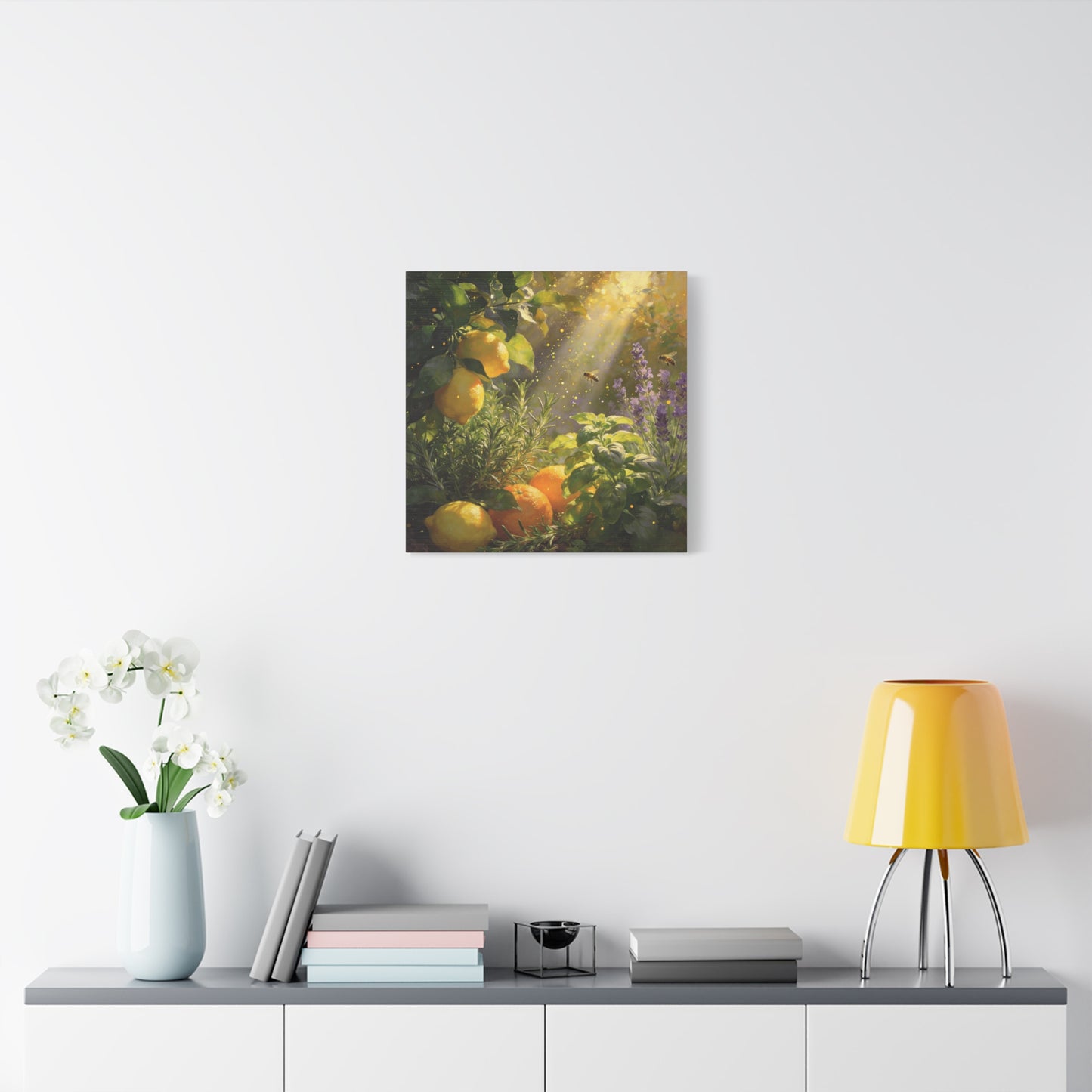 Lemon Herb Garden Canvas Wall Art - Bees, Lavender, Rosemary, Sunlit Botanical Painting - Matte Cotton Print, Rustic Farmhouse Style - Kitchen Wall Decor, Dining Room Accent - Bedroom Home Decoration