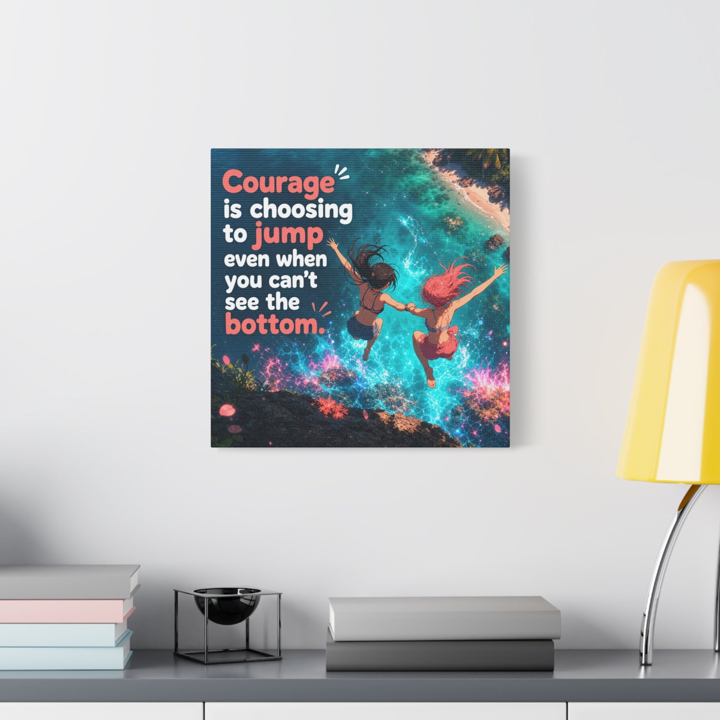 "Courage Is Choosing To Jump Even When You Can't See The Bottom" Canvas Wall Art - Coastal Quote Illustration, Inspirational Ocean Cliff Scene, Bedroom Wall Decor, Teen Space Accent - Ready to Hang