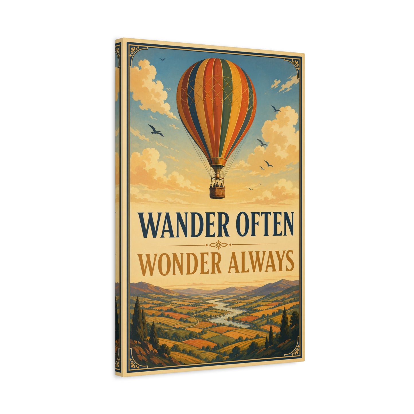 "Wander Often Wonder Always" Hot Air Balloon Canvas Wall Art - Vintage Travel Landscape Quote Print, Retro Sky Poster Style, Living Room Wall Decor - Ready to Hang - Bedroom Home Decoration