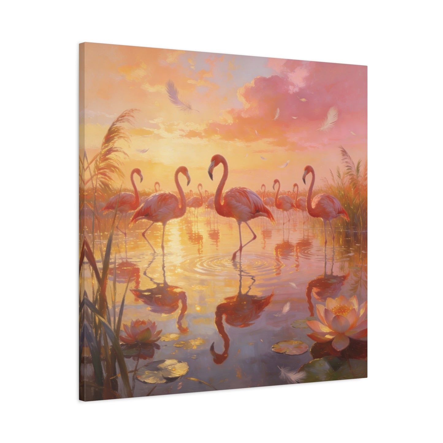 Pink Flamingo Canvas Wall Art - Sunset Wetland Birds, Lotus Pond Reflections - Dreamy Tropical Illustration, Matte Canvas Print - Living Room Wall Decor, Bedroom Home Decoration - Ready to Hang