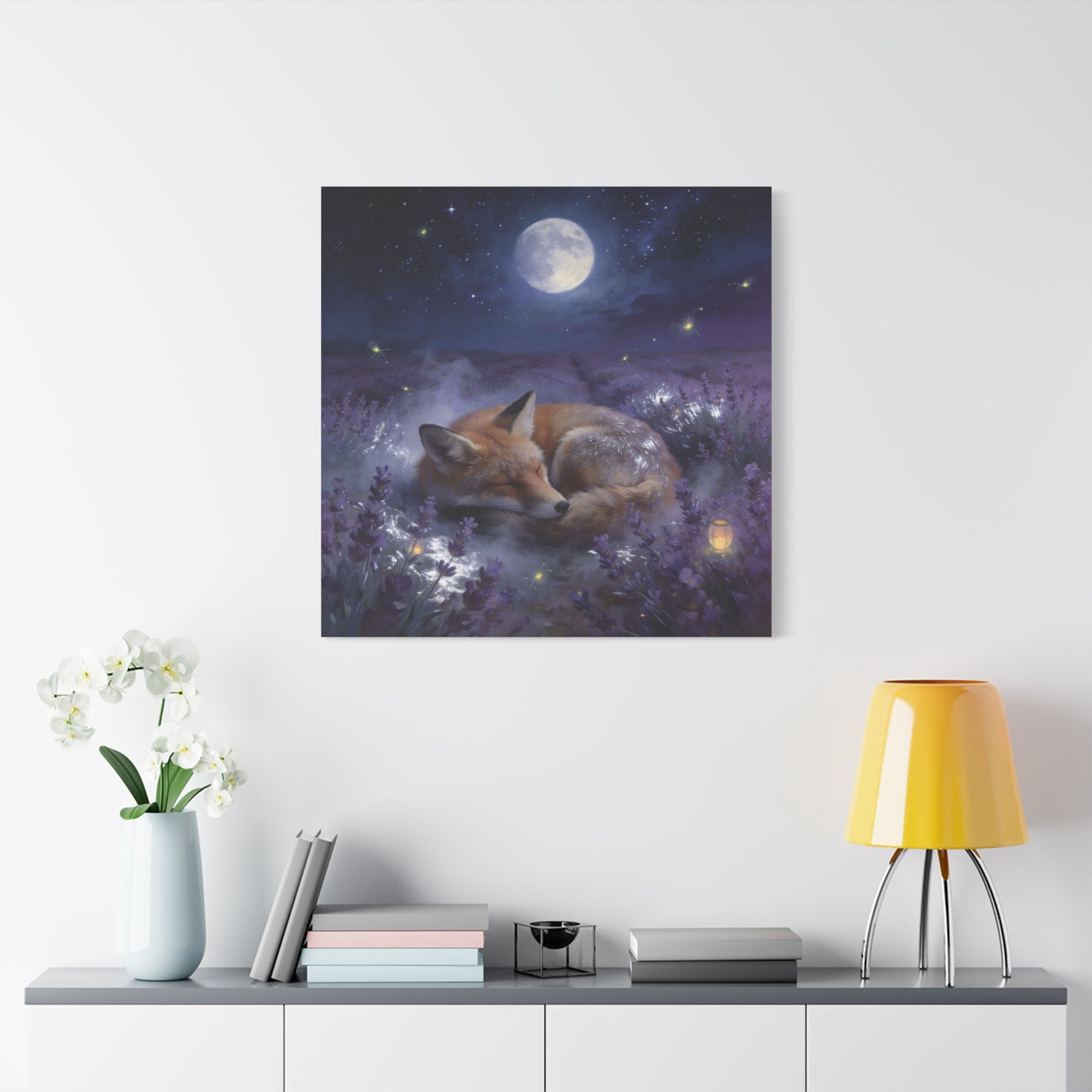 Sleeping Red Fox Canvas Wall Art - Moonlit Lavender Field, Fireflies, Starry Night Sky - Dreamy Woodland Animal Print - Matte Finish Canvas - Bedroom Wall Decor, Nursery Accent - Cozy Reading Nook Art