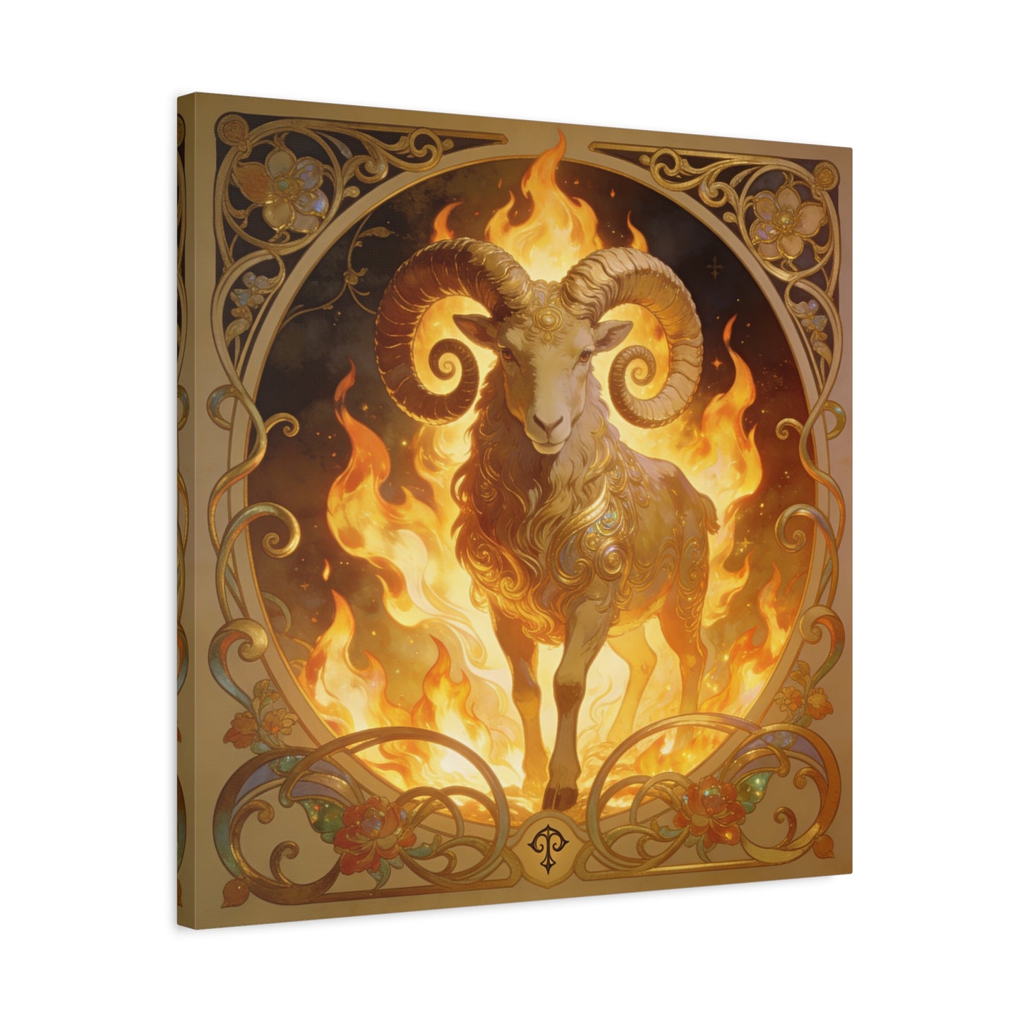 Aries Ram Canvas Wall Art - Fiery Zodiac Illustration, Ornate Gold Nouveau Design - Matte Cotton Art Print - Bohemian Astrology Decor, Bedroom Home Decoration, Office Wall Art - Modern Farmhouse Style