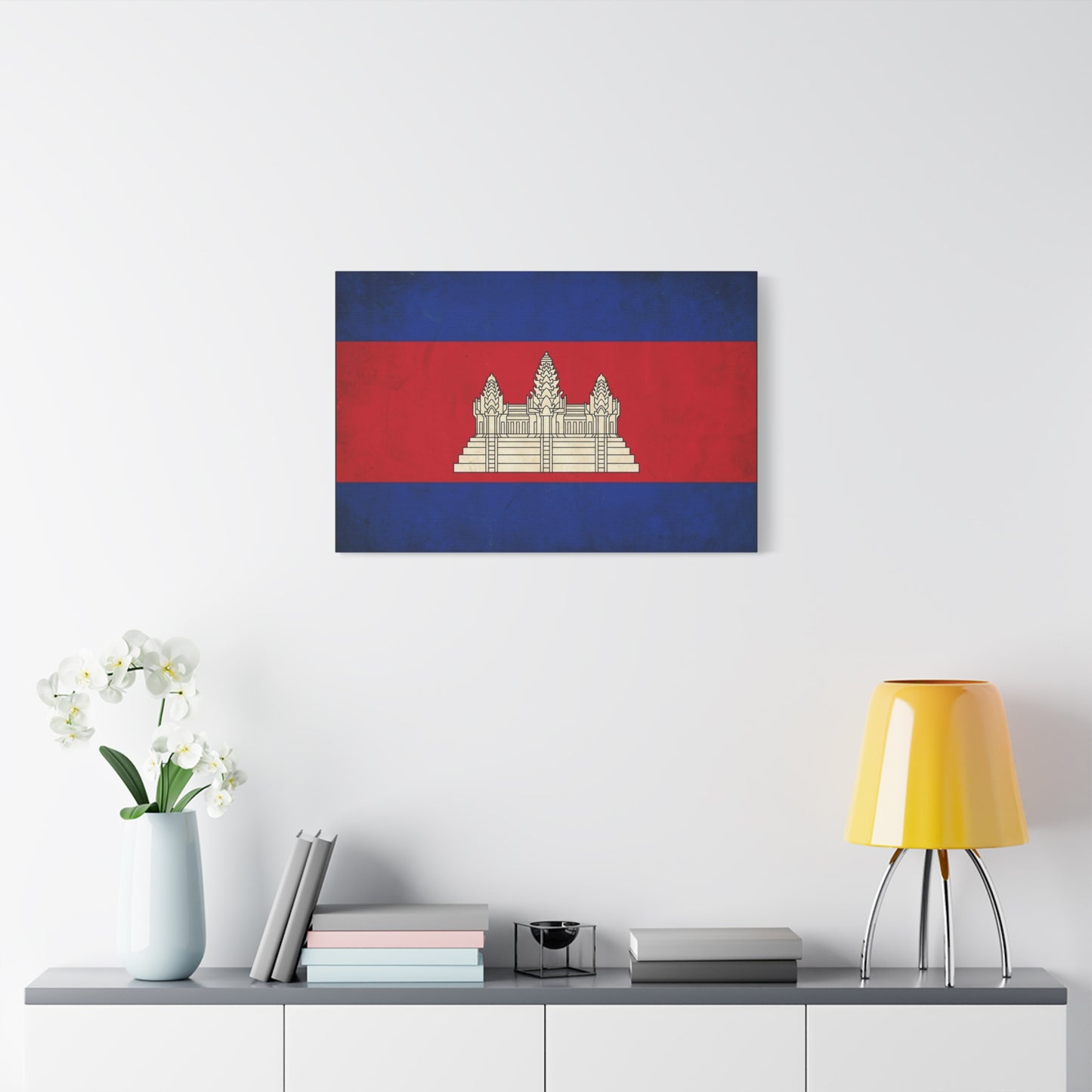 Cambodia Flag Canvas Wall Art - Khmer Temple Emblem Patriotic Print, Vintage National Decor - Textured Red Blue Banner Style - Living Room Wall Decor - Bedroom Home Decoration - Modern Farmhouse Style