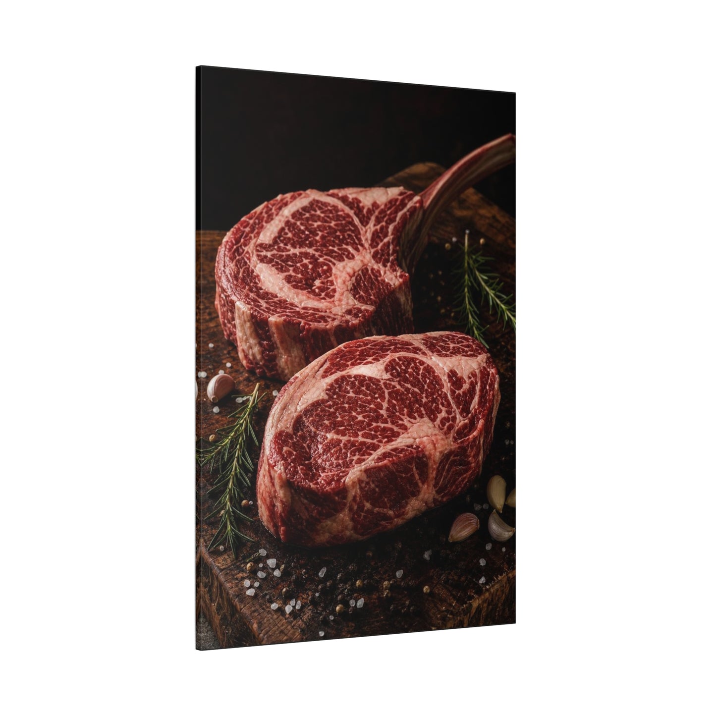 Raw Ribeye Steak Canvas Wall Art - Rustic Food Art Print, Butcherhouse Kitchen Decor, Cotton Art Print, Moody Culinary Still Life - Dining Room Accent, Restaurant Wall Decor - Modern Farmhouse Style