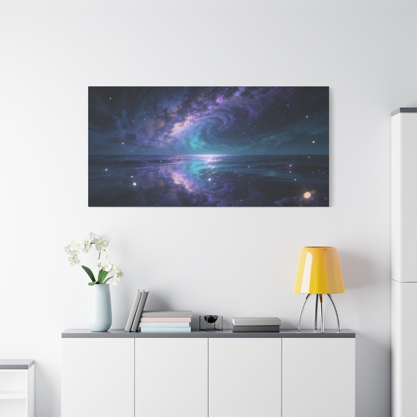 Galaxy Ocean Canvas Wall Art - Swirling Milky Way Night Seascape, Celestial Horizon Reflection - Matte Cotton Art Print - Contemporary Space Decor For Living Room Bedroom Office - Ready to Hang