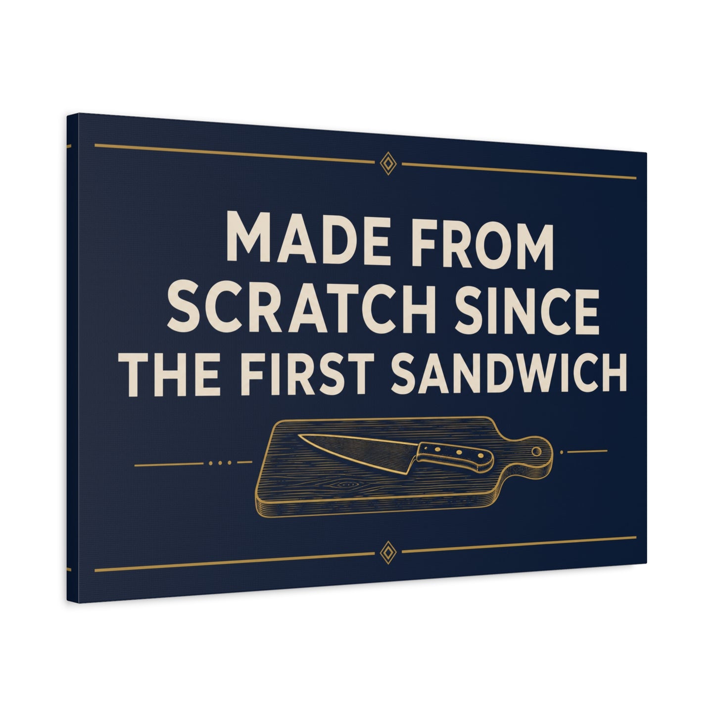 "Made From Scratch Since The First Sandwich" Canvas Wall Art - Quote Print, Navy And Gold Typography, Cutting Board Knife Illustration, Farmhouse Decor - Deli Wall Decor - Sandwich Shop Sign