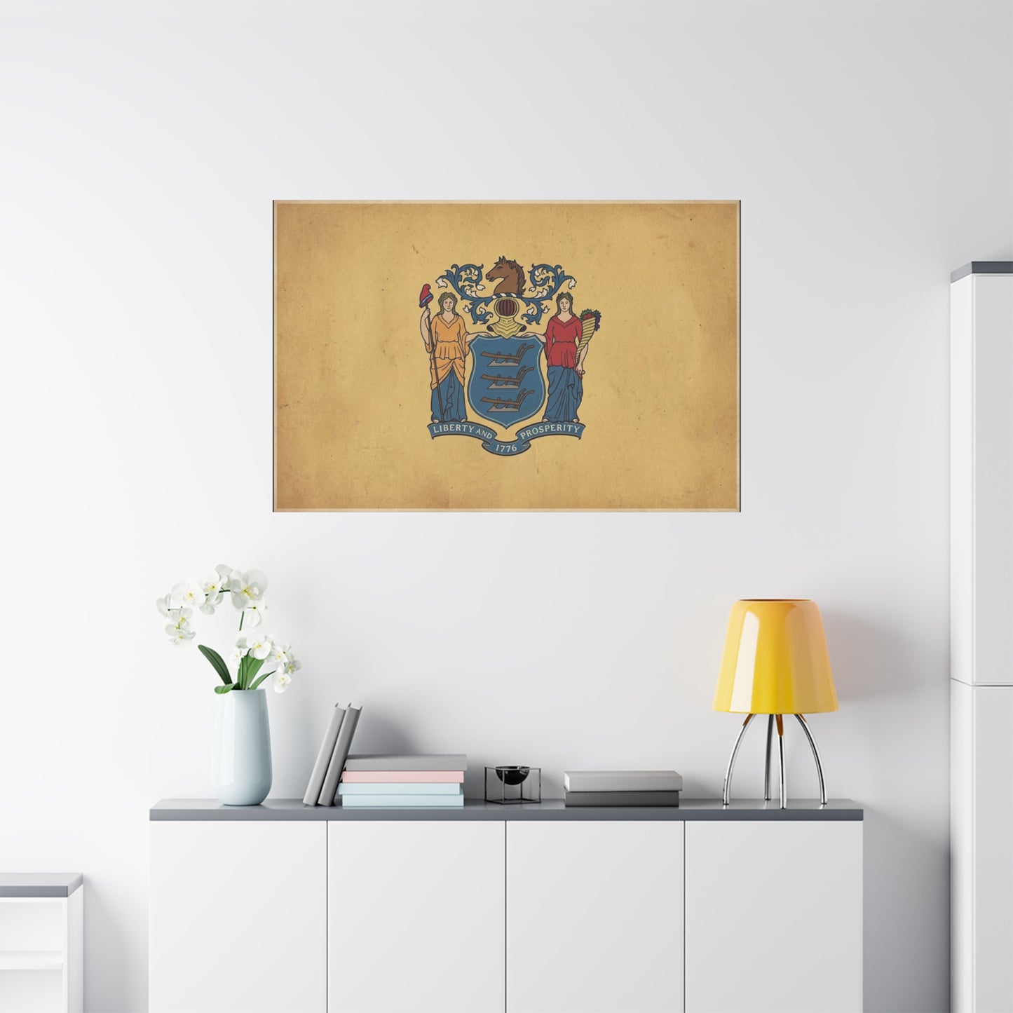 "Liberty And Prosperity 1776" New Jersey State Flag Canvas Wall Art - Vintage Tan Crest Banner Print, Patriotic Heritage Decor - Office Wall Art