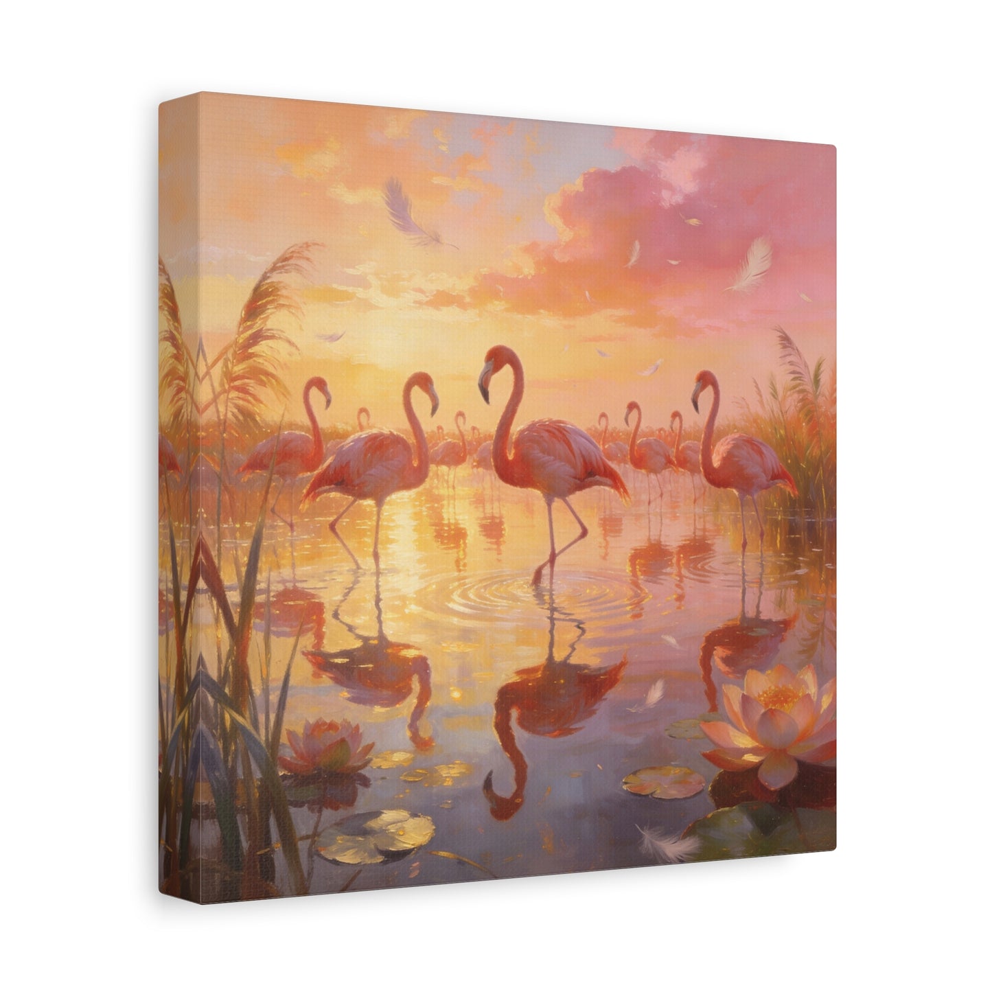 Pink Flamingo Canvas Wall Art - Sunset Wetland Birds, Lotus Pond Reflections - Dreamy Tropical Illustration, Matte Canvas Print - Living Room Wall Decor, Bedroom Home Decoration - Ready to Hang