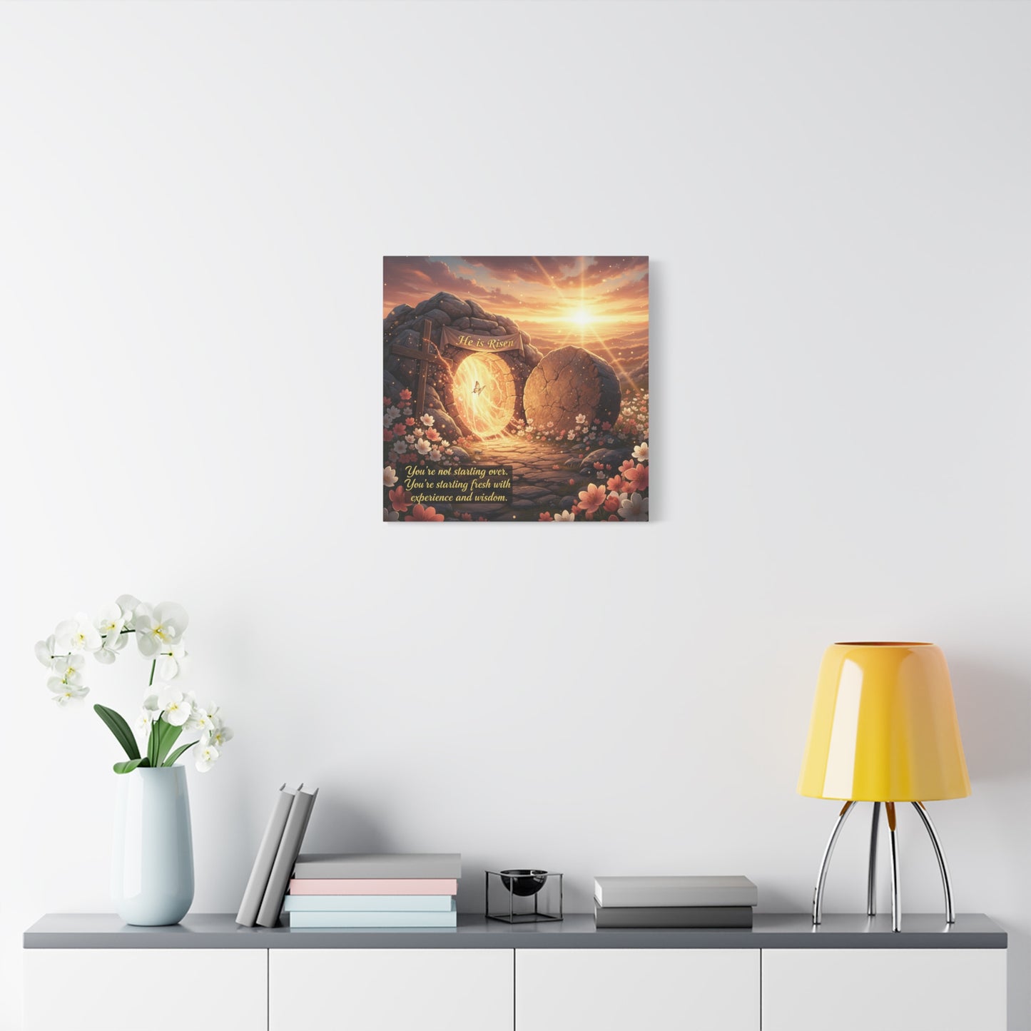 "He Is Risen" Christian Canvas Wall Art - Empty Tomb Cross Sunrise Scripture Print - Floral Faith Home Decoration - Modern Farmhouse Style