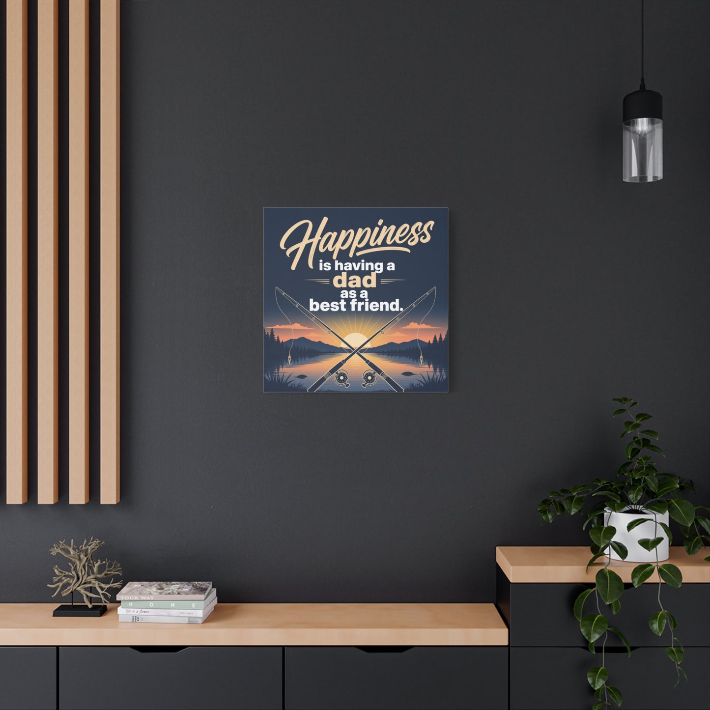 "Happiness Is Having A Dad As A Friend" Fishing Canvas Wall Art - Sunset Lake Quote Print - Rustic Typography Decor - Bedroom Home Decoration - Bedroom Home Decoration - Living Room Wall Decor