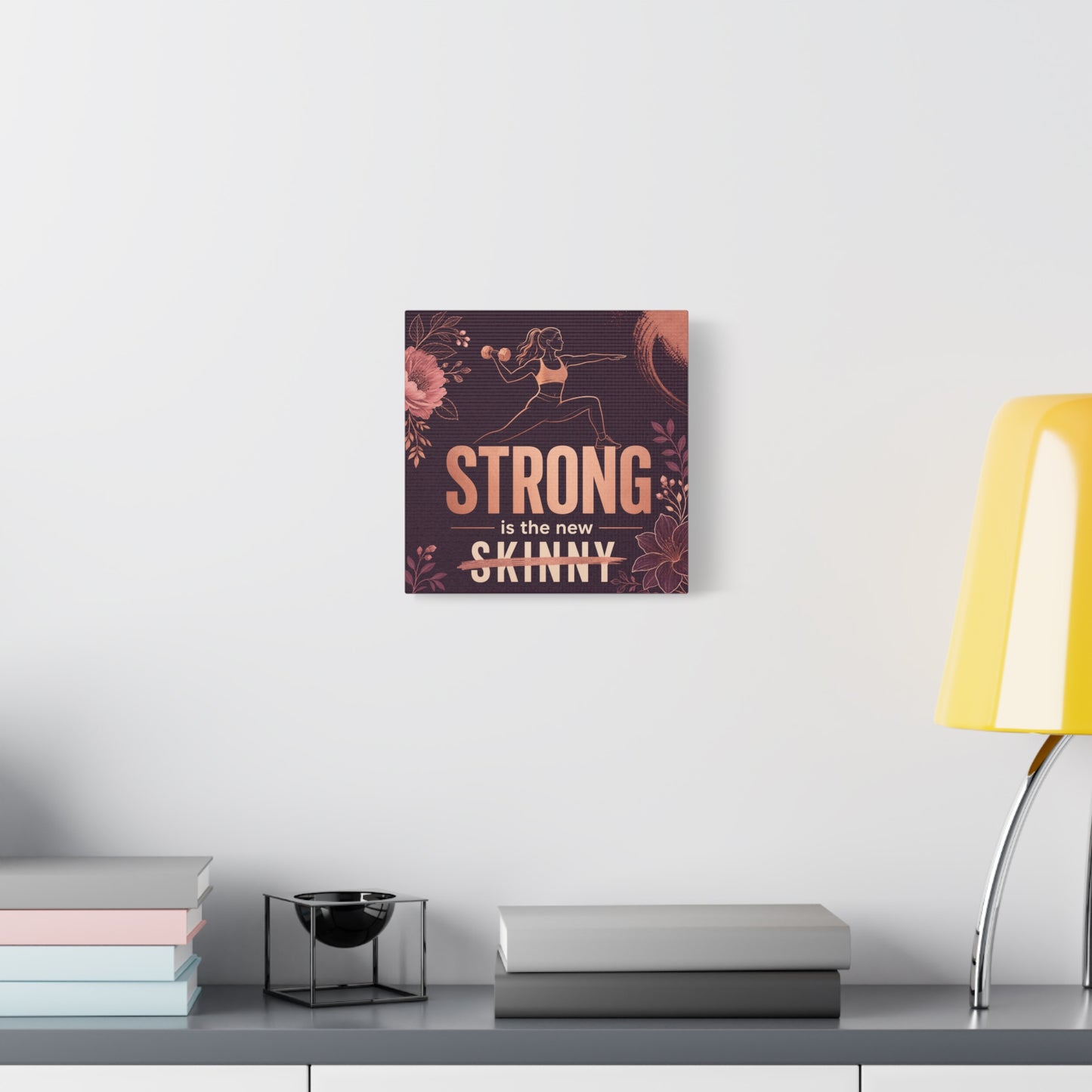 "Strong Is The New Skinny" Fitness Canvas Wall Art - Woman With Dumbbell Floral Quote Print - Rose Gold Motivational Decor - Modern Bedroom Wall Decor - Bedroom Home Decoration - Cozy Reading Nook Art