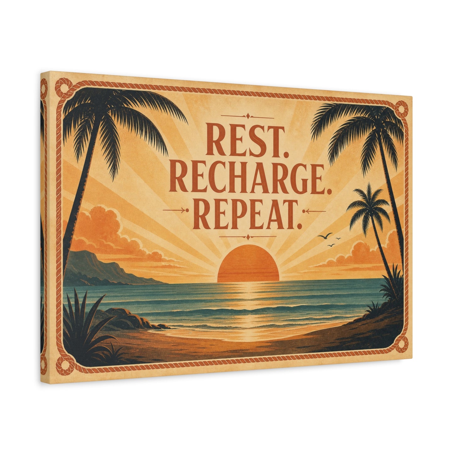 "Rest. Recharge. Repeat." Tropical Beach Sunset Canvas Wall Art - Vintage Coastal Typography, Retro Palm Tree Ocean Scene, Living Room Wall Decor, Bedroom Home Decoration - Bedroom Home Decoration