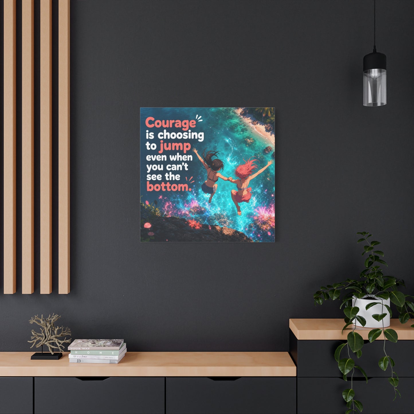 "Courage Is Choosing To Jump Even When You Can't See The Bottom" Canvas Wall Art - Coastal Quote Illustration, Inspirational Ocean Cliff Scene, Bedroom Wall Decor, Teen Space Accent - Ready to Hang