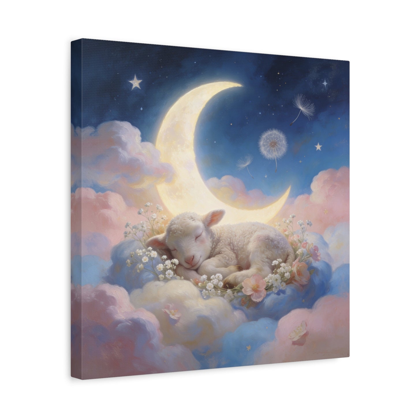 Sleeping Lamb Canvas Wall Art - Crescent Moon, Stars, Pink Clouds Nursery Decor - Dreamy Pastel Animal Painting, Bedroom Home Decoration, Bohemian Wall Hanging, Kids Room Accent - Ready to Hang