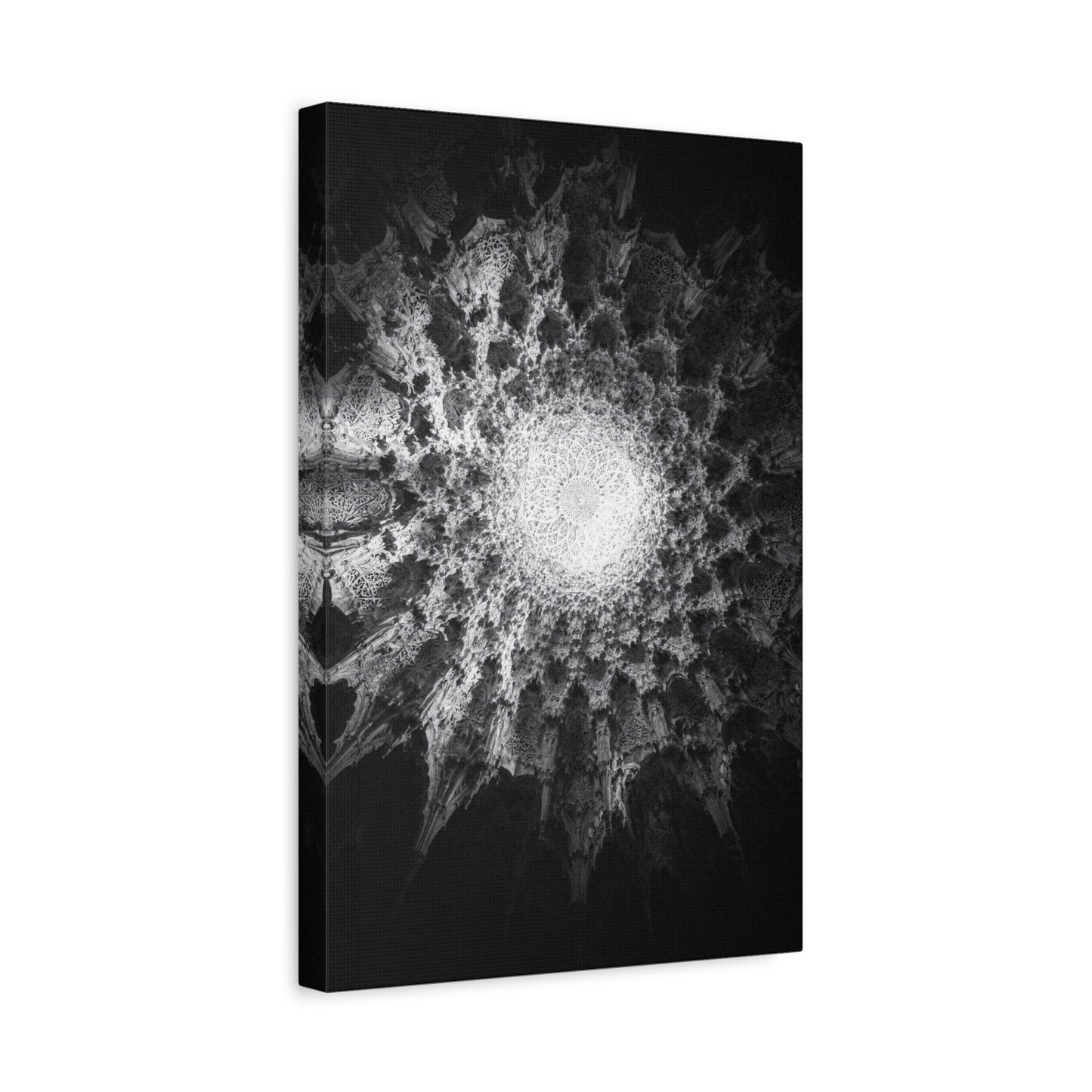 Abstract Black White Canvas Wall Art - Monochrome Fractal Mandala Design, Architectural Spiral Light - Matte Cotton Art Print - Contemporary Decor For Living Room, Bedroom, Office Accent
