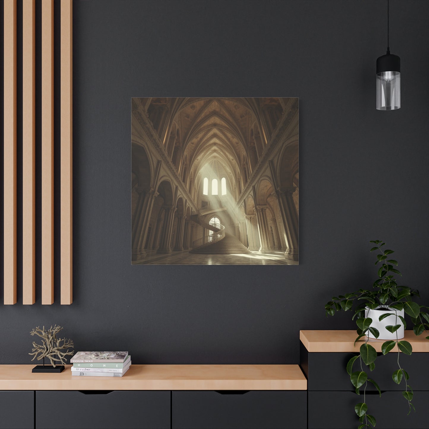 Gothic Cathedral Interior Canvas Wall Art - Sunlit Spiral Staircase, Religious Architecture Print - Matte Cotton Canvas - Traditional Style - Living Room Wall Decor, Office Art - Ready to Hang