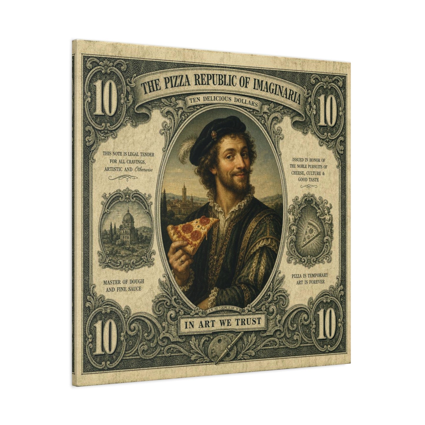 "The Pizza Republic Of Imaginaria" Canvas Wall Art - Vintage Typography Portrait Print, Renaissance Pizza Note Design, Eclectic Office Wall Decor, Cafe Wall Art, Humor Canvas - Reception Area Decor