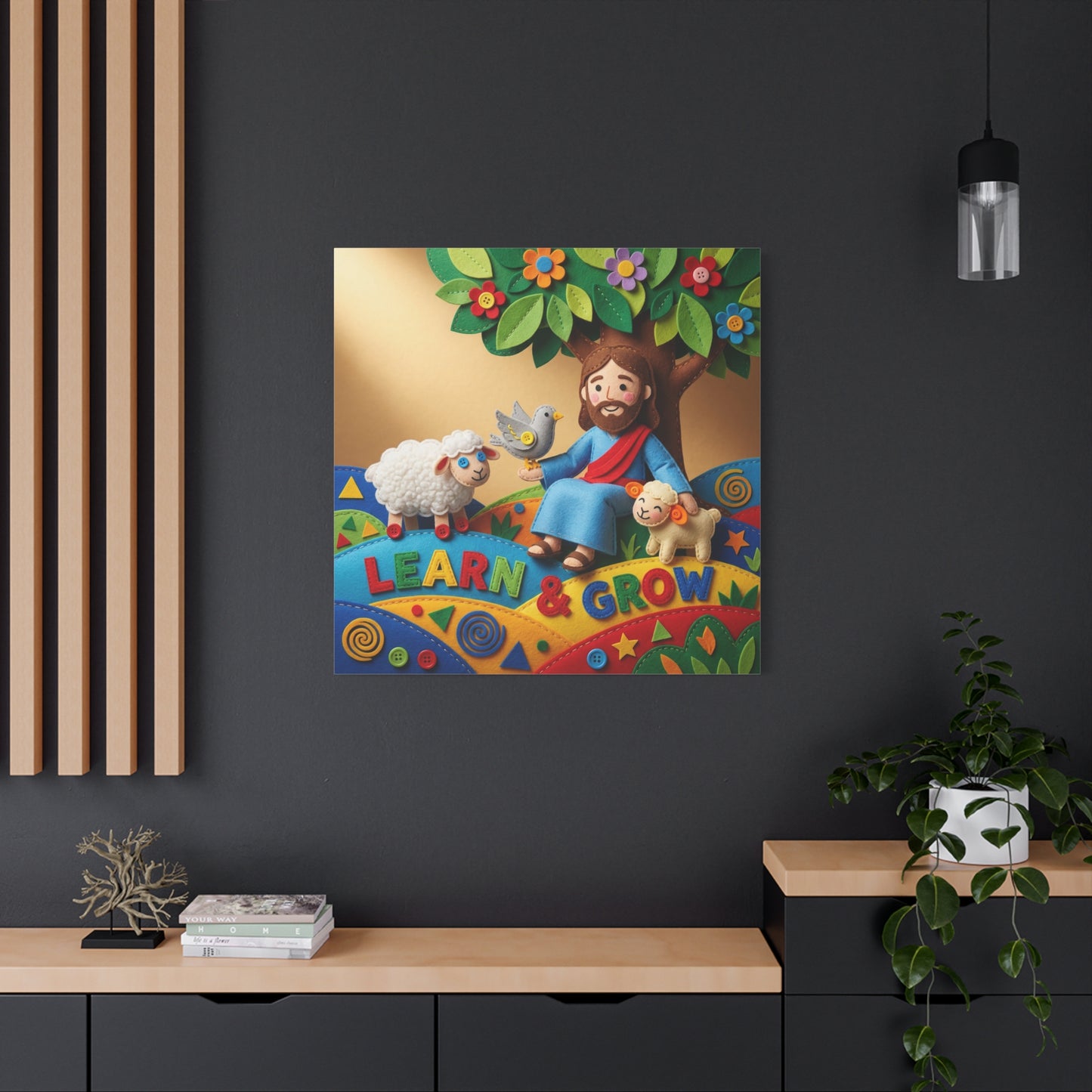 "Learn & Grow" Jesus Canvas Wall Art - Christian Nursery Decor, Lamb And Dove Under Tree - Colorful Felt Style Canvas Print - Kids Room Wall Hanging, Classroom Decoration - Ready to Hang
