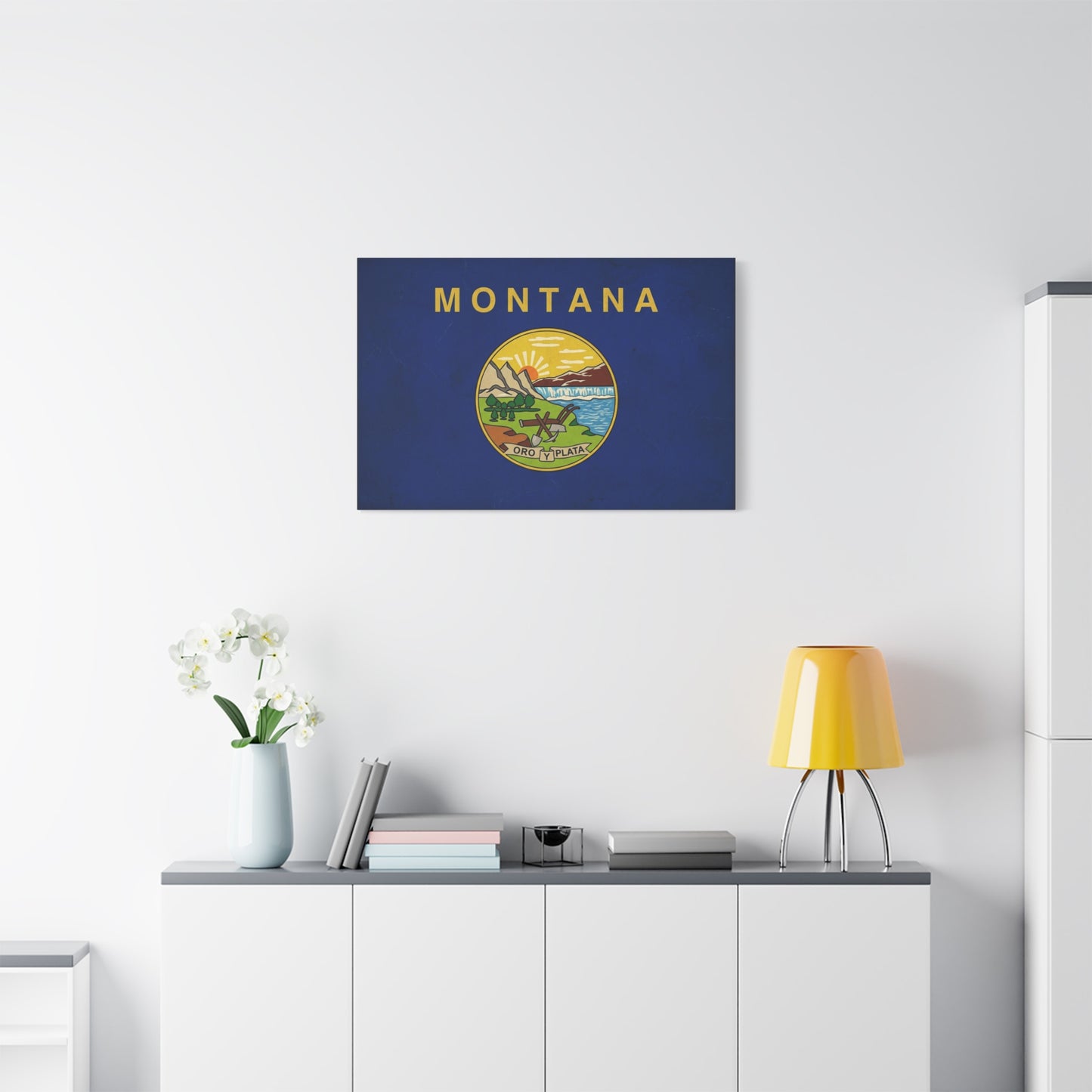 "Montana" State Flag Canvas Wall Art - Oro Y Plata Vintage Flag Print, Blue Western Decor - Rustic Americana Style - Living Room Wall Decor, Office Art - Bedroom Home Decoration - Ready to Hang