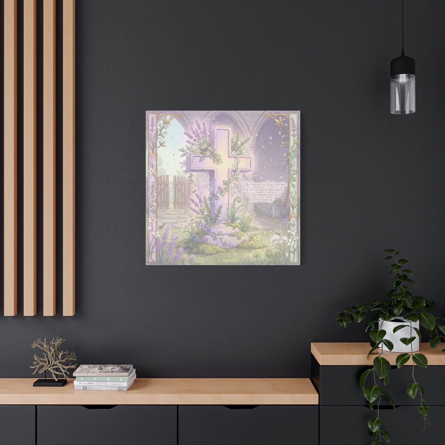 "Like Flowers In God's Garden, You Are Growing Beautifully" Christian Canvas Wall Art - Floral Cross Scripture Decor - Lavender Garden Illustration - Bedroom Home Decoration, Living Room Accent
