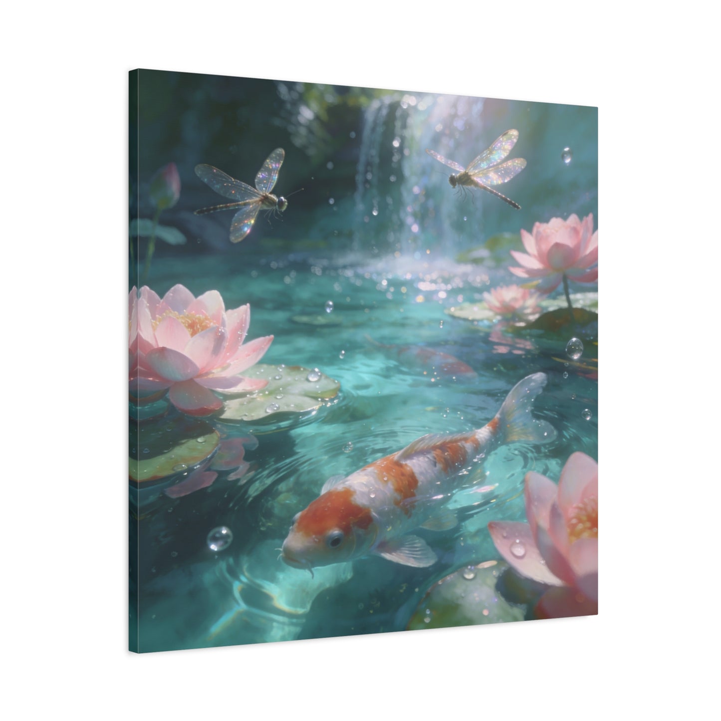 Koi Fish Lotus Canvas Wall Art - Dragonflies Over Teal Pond Water, Pink Water Lily Floral Scene - Dreamy Matte Canvas Print - Bedroom Wall Decor, Living Room Home Accent - Bedroom Home Decoration