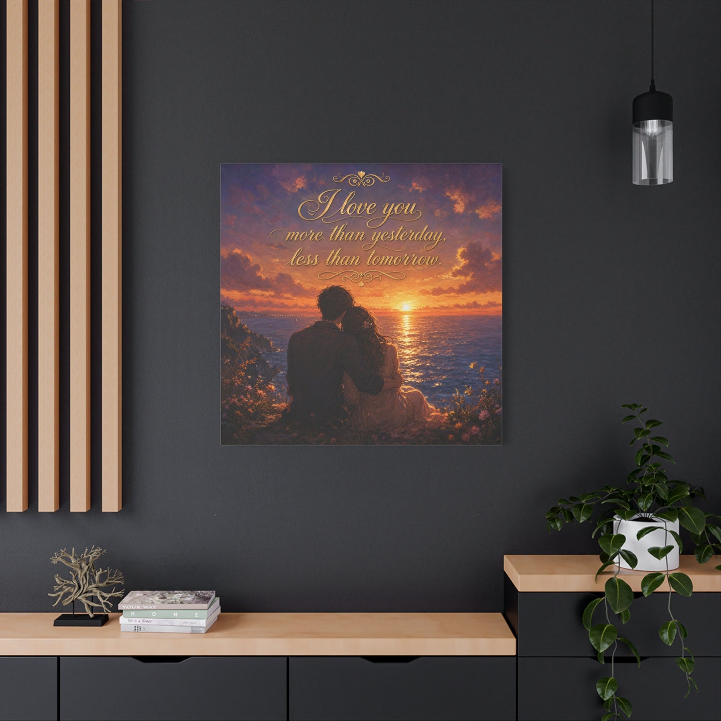 "I Love You More Than Yesterday, Less Than Tomorrow." Love Quote Canvas Wall Art - Romantic Sunset Ocean Couple Silhouette - Gold Script Seascape - Bedroom Wall Decor - Ready to Hang - Ready to Hang