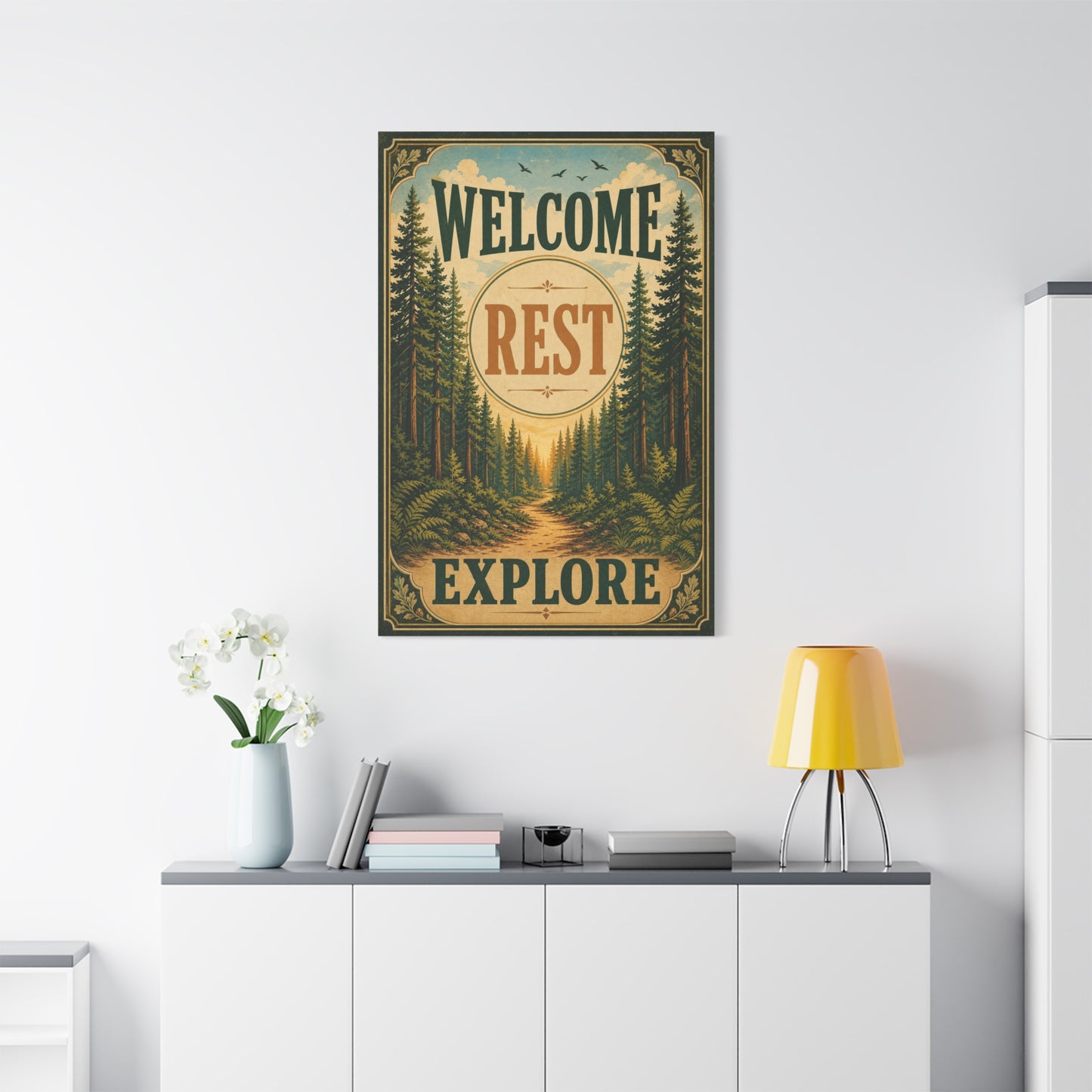 "Welcome Rest Explore" Forest Canvas Art Print - Vintage Pine Path Landscape Decor - Rustic Cabin Style, Nature Home Accent, Entryway Decoration, Lodge Interior Piece - Living Room Wall Decor