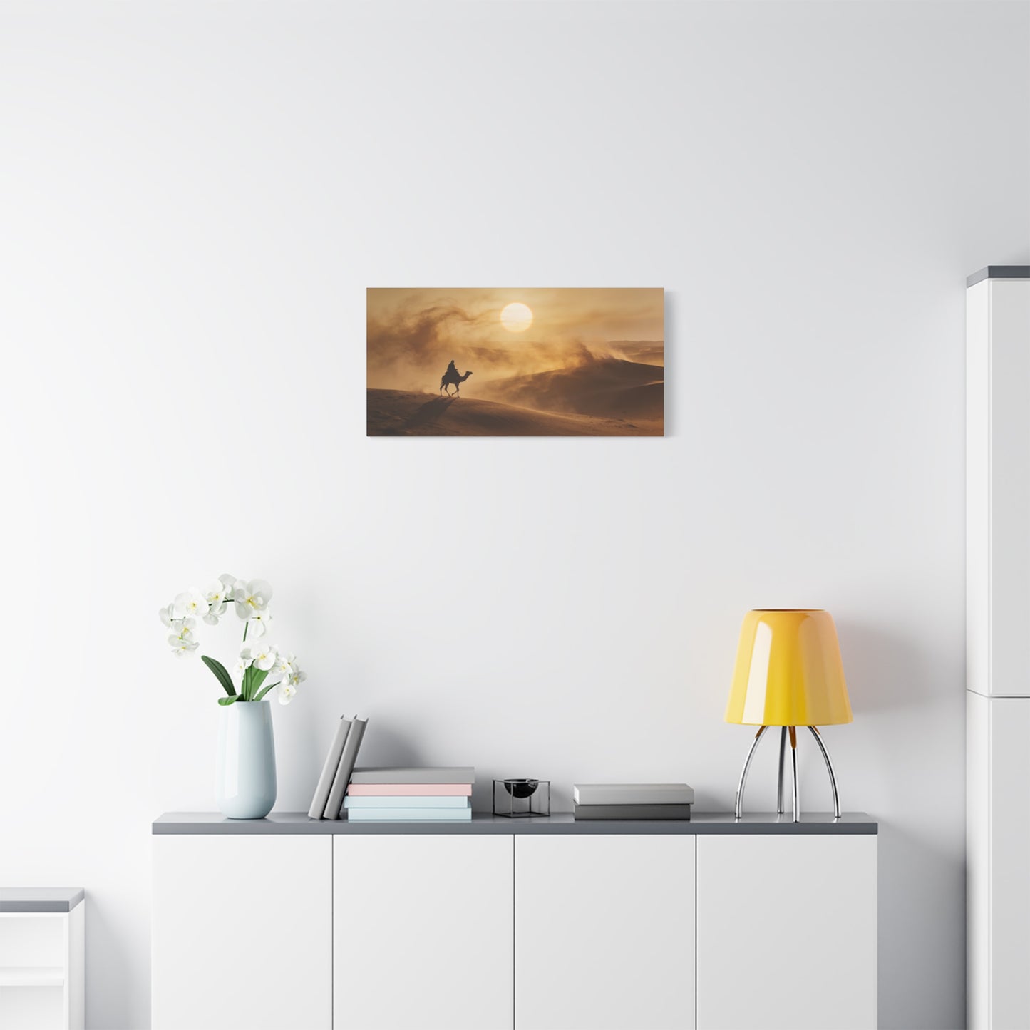 Desert Camel Rider Canvas Wall Art - Golden Sun Sand Dunes Landscape Print - Matte Cotton Artwork, Contemporary Style - Living Room Wall Decor, Bedroom Home Decoration - Bedroom Home Decoration