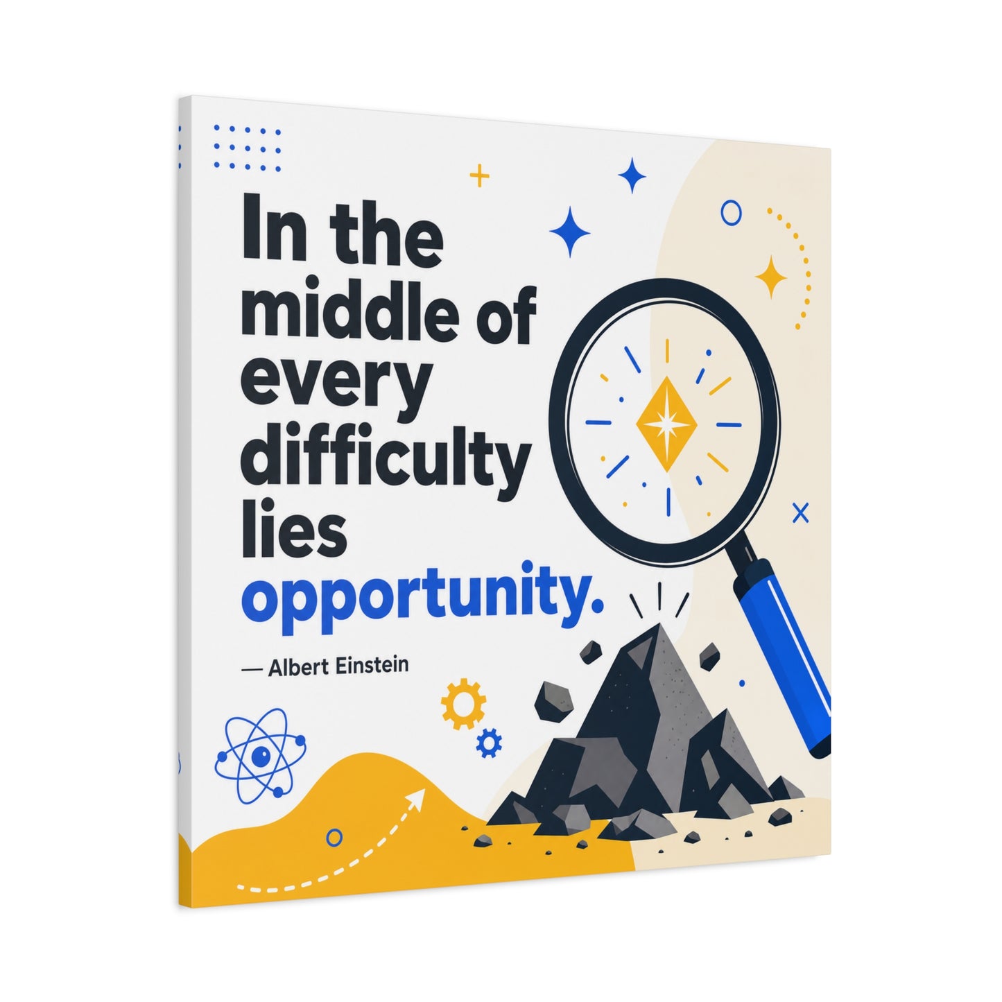 "In The Middle Of Every Difficulty Lies Opportunity." Einstein Canvas Wall Art - Motivational Quote Print, Blue Yellow Modern Typography, Office Decor, Classroom Inspiration, Study Room Accent