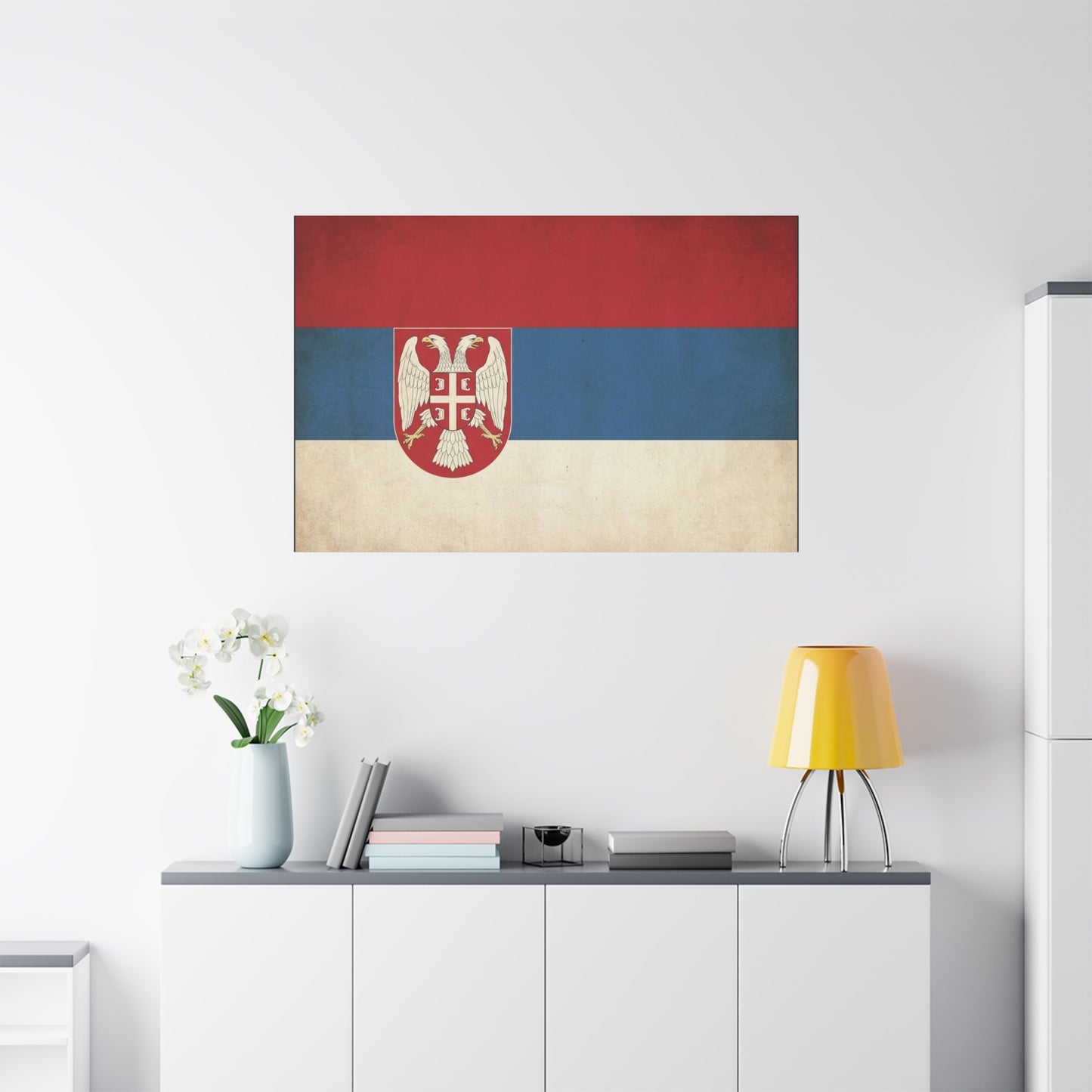 Serbian Flag Canvas Wall Art - Vintage Serbia Coat Of Arms Print, Patriotic Tricolor Decor - Rustic National Heritage Style - Living Room Wall Decor - Bedroom Home Decoration - Bedroom Home Decoration
