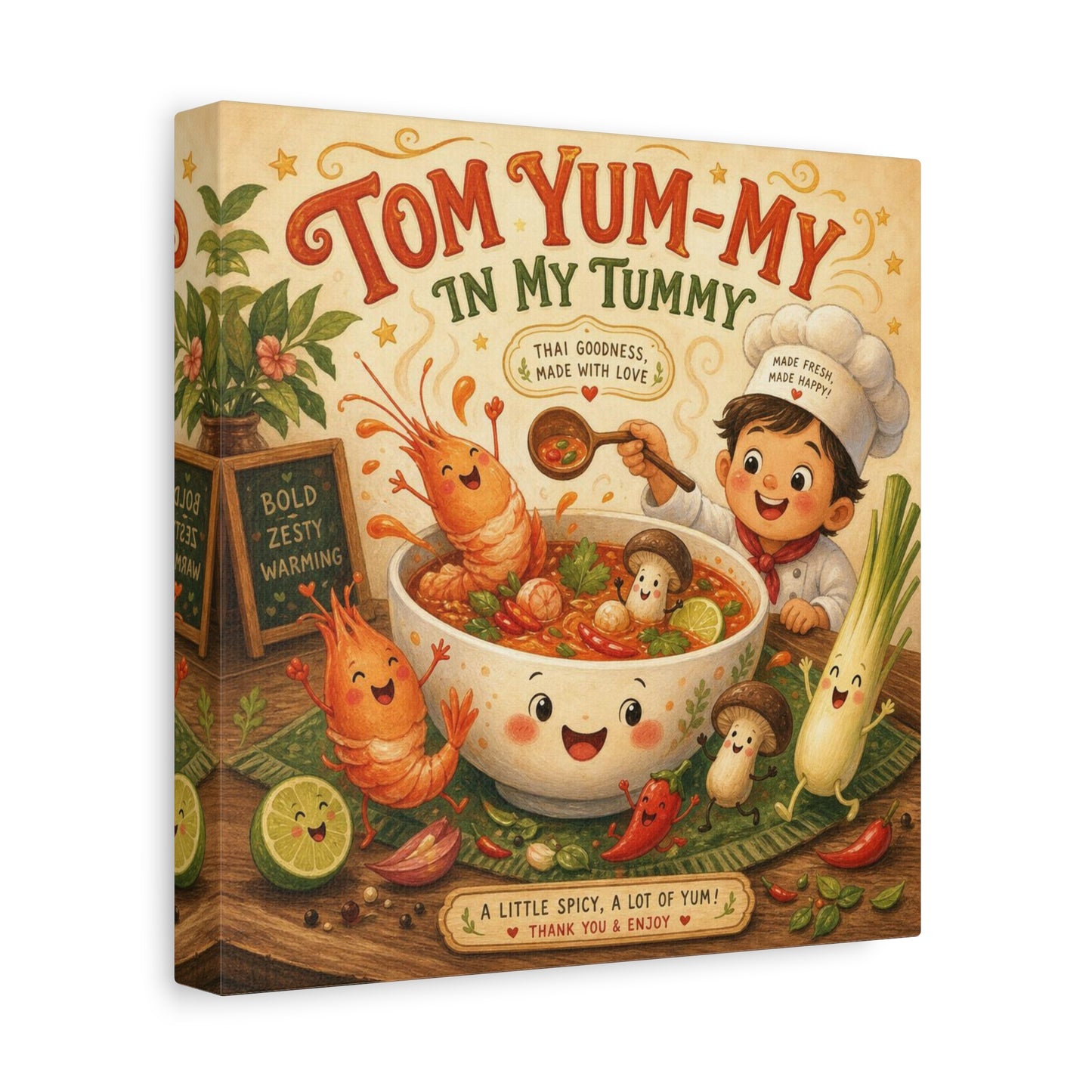 "Tom Yum-My In My Tummy" Canvas Wall Art - Cute Thai Soup Chef Illustration, Whimsical Kitchen Decor - Matte Cotton Canvas Print - Vintage Style Dining Room Wall Decor - Bedroom Home Decoration