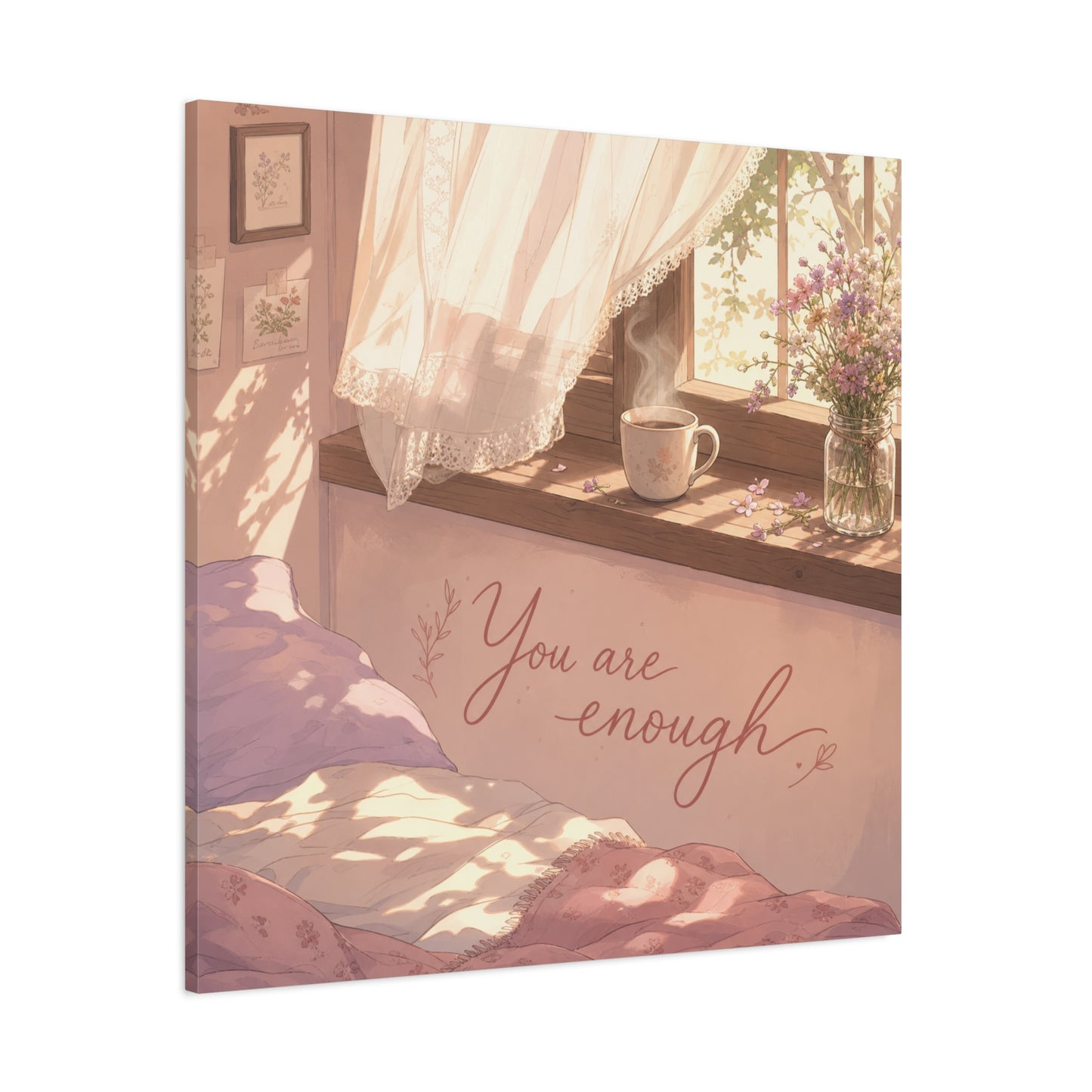 "You Are Enough" Inspirational Canvas Wall Art - Sunlit Bedroom Window Flowers, Cozy Pink Cottagecore Decor - Matte Affirmation Print - Bedroom Home Decoration, Teen Room Accent - Office Wall Art