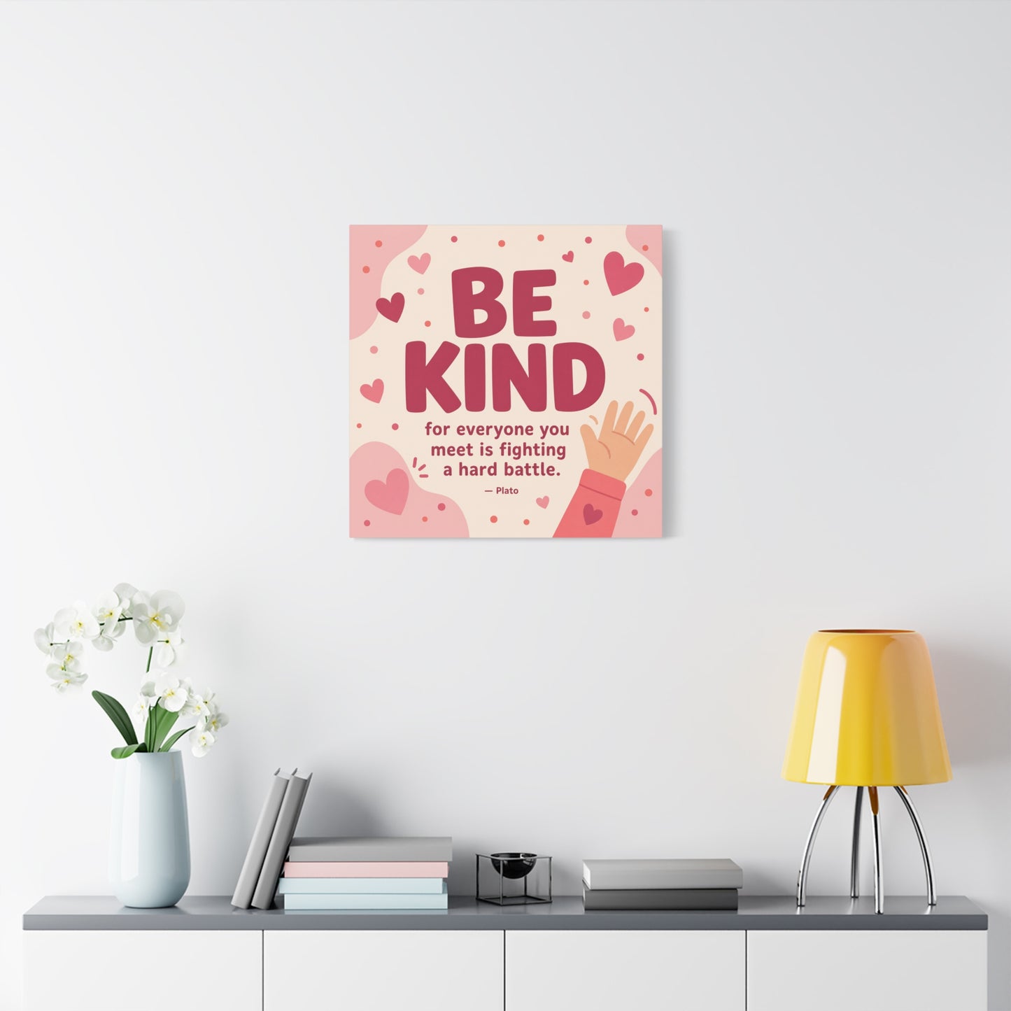 "Be Kind For Everyone You Meet Is Fighting A Hard Battle. - Plato" Canvas Wall Art - Pink Heart Typography Print - Inspirational Bedroom Decor - Modern Nursery Wall Hanging - Bedroom Home Decoration
