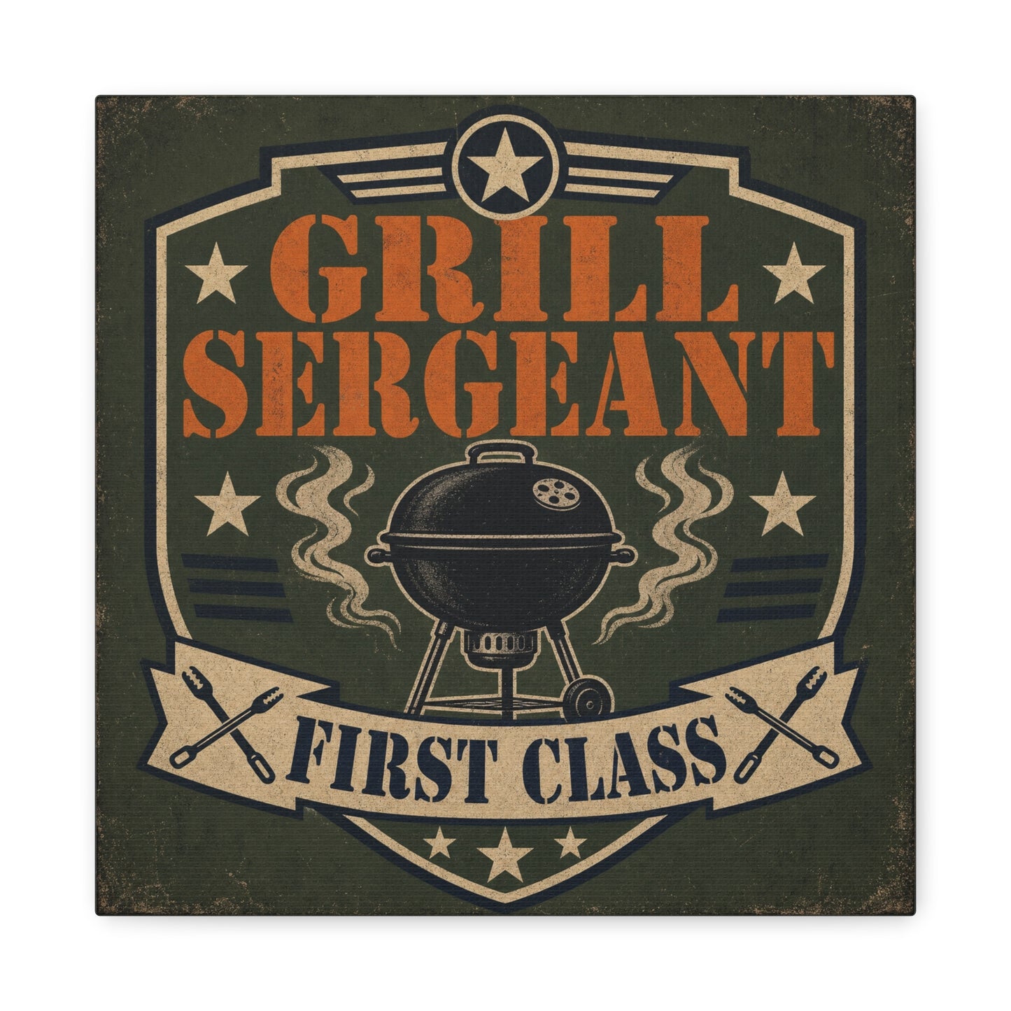 "Grill Sergeant First Class" BBQ Canvas Wall Art - Vintage Grill Badge Sign, Rustic Patriotic Kitchen Decor, Retro Barbecue Poster Style, Man Cave Wall Decor - Ready to Hang - Bedroom Home Decoration