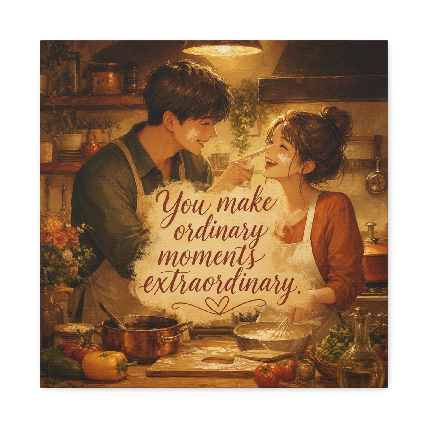 "You Make Ordinary Moments Extraordinary" Couple Canvas Wall Art - Romantic Kitchen Scene, Warm Vintage Illustration Print - Cozy Living Room Decor, Farmhouse Home Accent - Living Room Wall Decor