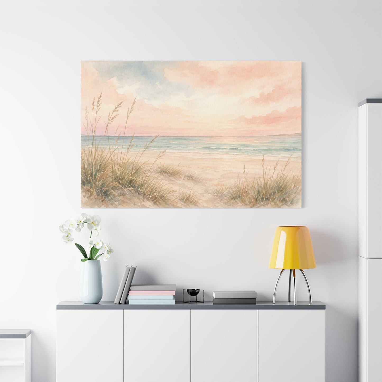 Pastel Beach Dune Canvas Wall Art - Coastal Seascape Sunset Shore Grass Print - Soft Pink Blue Watercolor - Bedroom Wall Decor, Living Room Home Decoration - Bedroom Home Decoration - Ready to Hang
