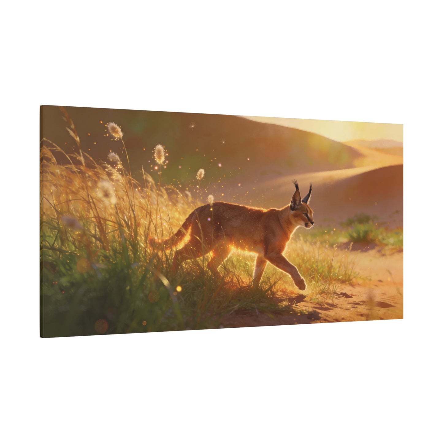Caracal Canvas Wall Art - Golden Desert Wildlife Scene, Sunlit Grassland Illustration - Matte Cotton Art Print, Contemporary Nature Decor - Living Room Accent, Bedroom Decoration - Ready to Hang