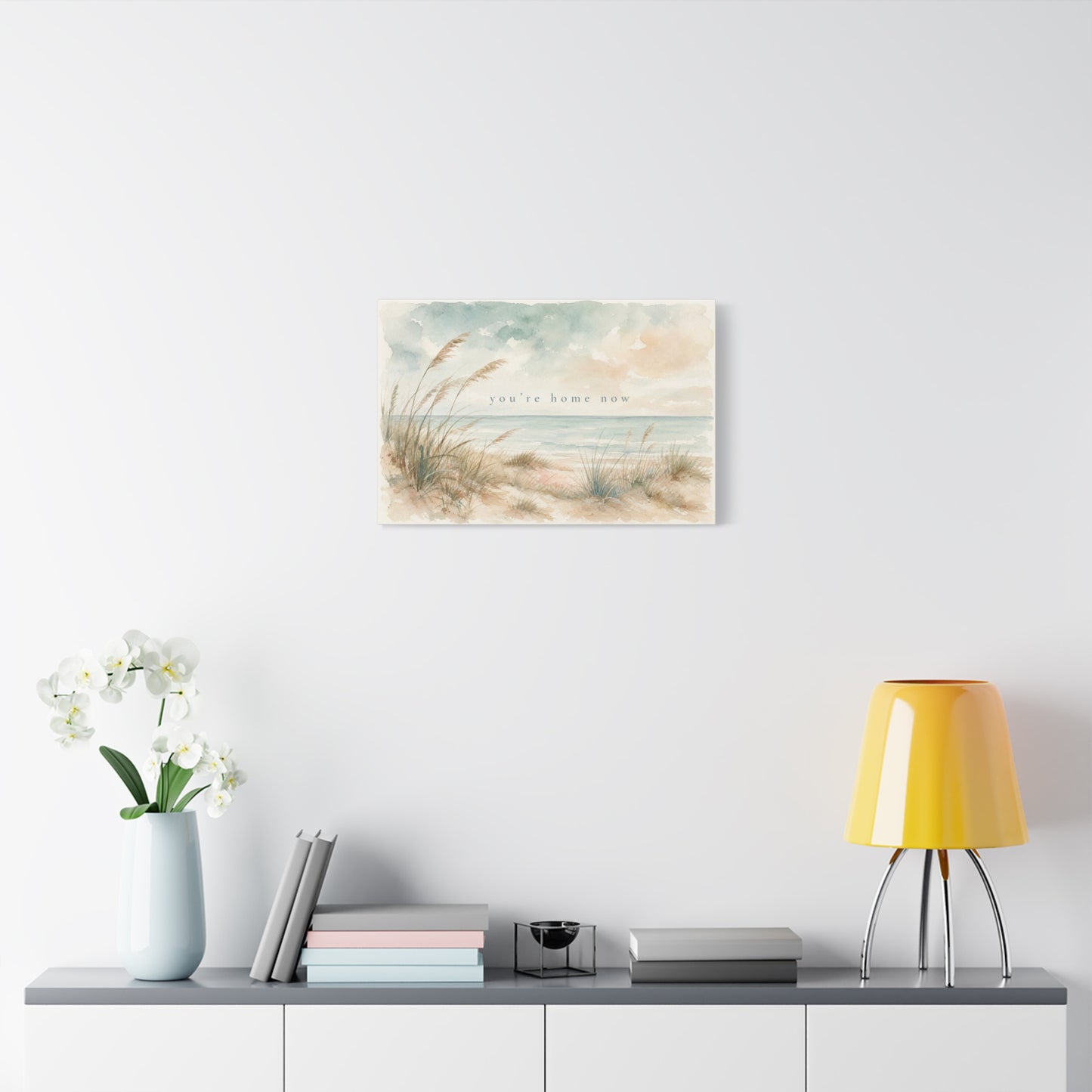 "You'Re Home Now" Coastal Canvas Wall Art - Beach Dune Watercolor Seascape - Soft Blue Beige Shore Scene - Traditional Coastal Style - Living Room Wall Decor, Bedroom Home Decoration - Ready to Hang