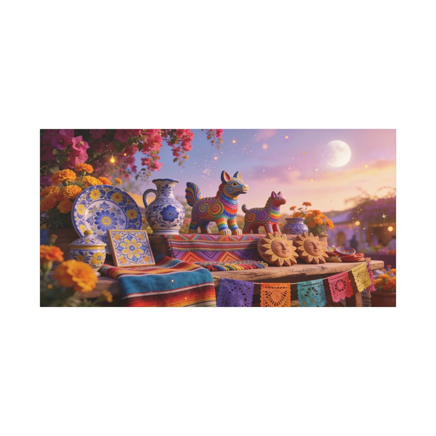 Talavera Pottery Folk Art Canvas Wall Art - Colorful Mexican Table Still Life, Moonlit Fiesta Decor - Matte Cotton Print - Bohemian Living Room Wall Decor, Dining Room Accent - Bedroom Home Decoration