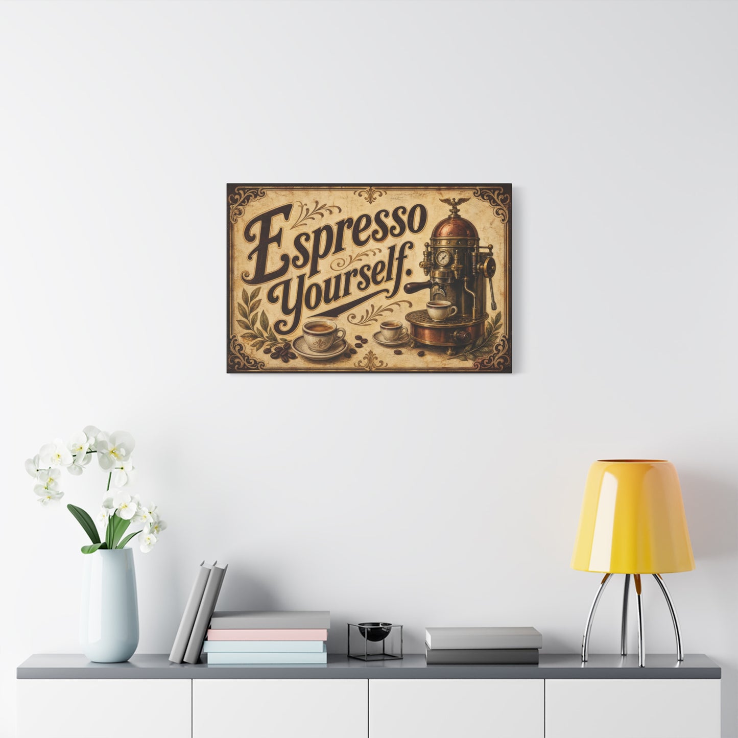 "Espresso Yourself" Coffee Canvas Wall Art - Vintage Espresso Machine Decor - Rustic Cafe Style Matte Print - Ready to Hang - Ready to Hang - Coffee Shop Decor - Cafe Wall Art - Gallery Wrapped Canvas