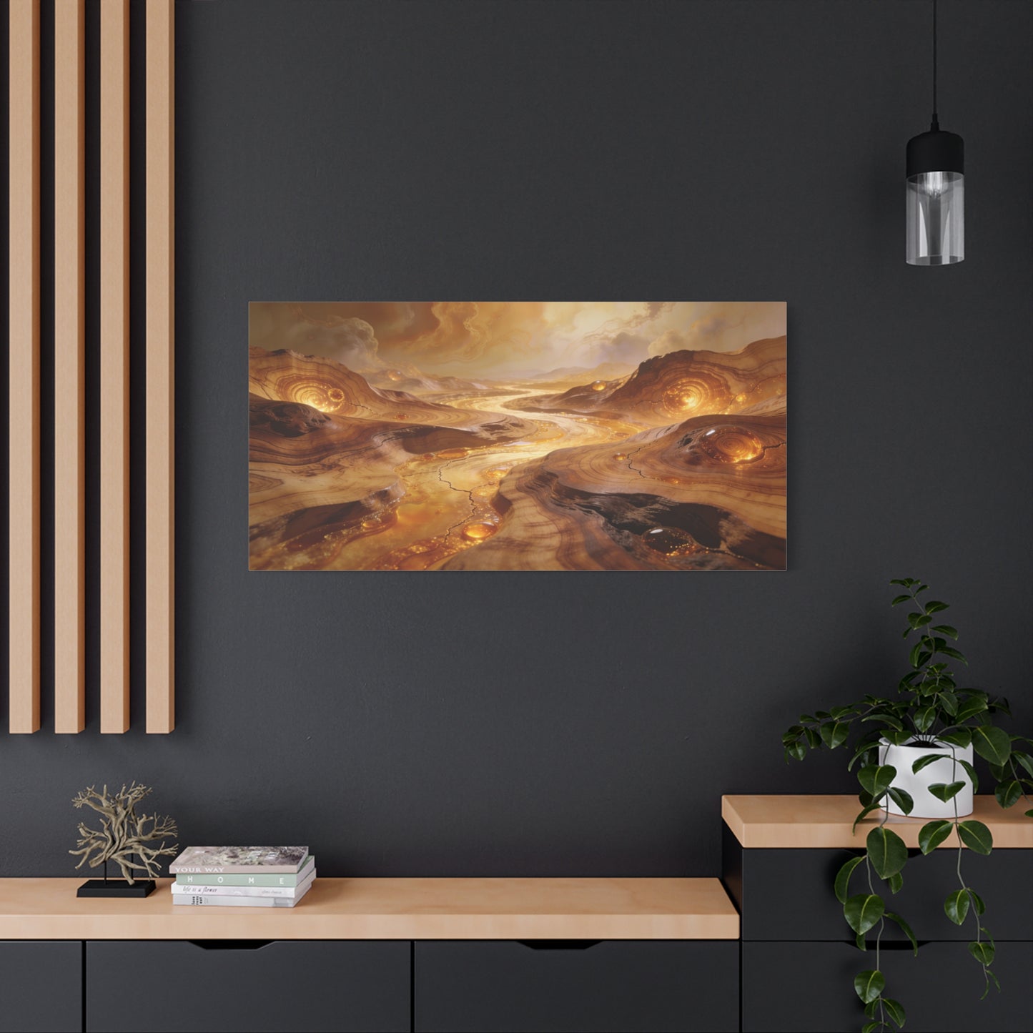 Golden Abstract Landscape Canvas Wall Art - Glowing River, Swirling Stone Forms - Contemporary Matte Canvas Print - Living Room Wall Decor, Bedroom Home Decoration, Office Art - Modern Farmhouse Style